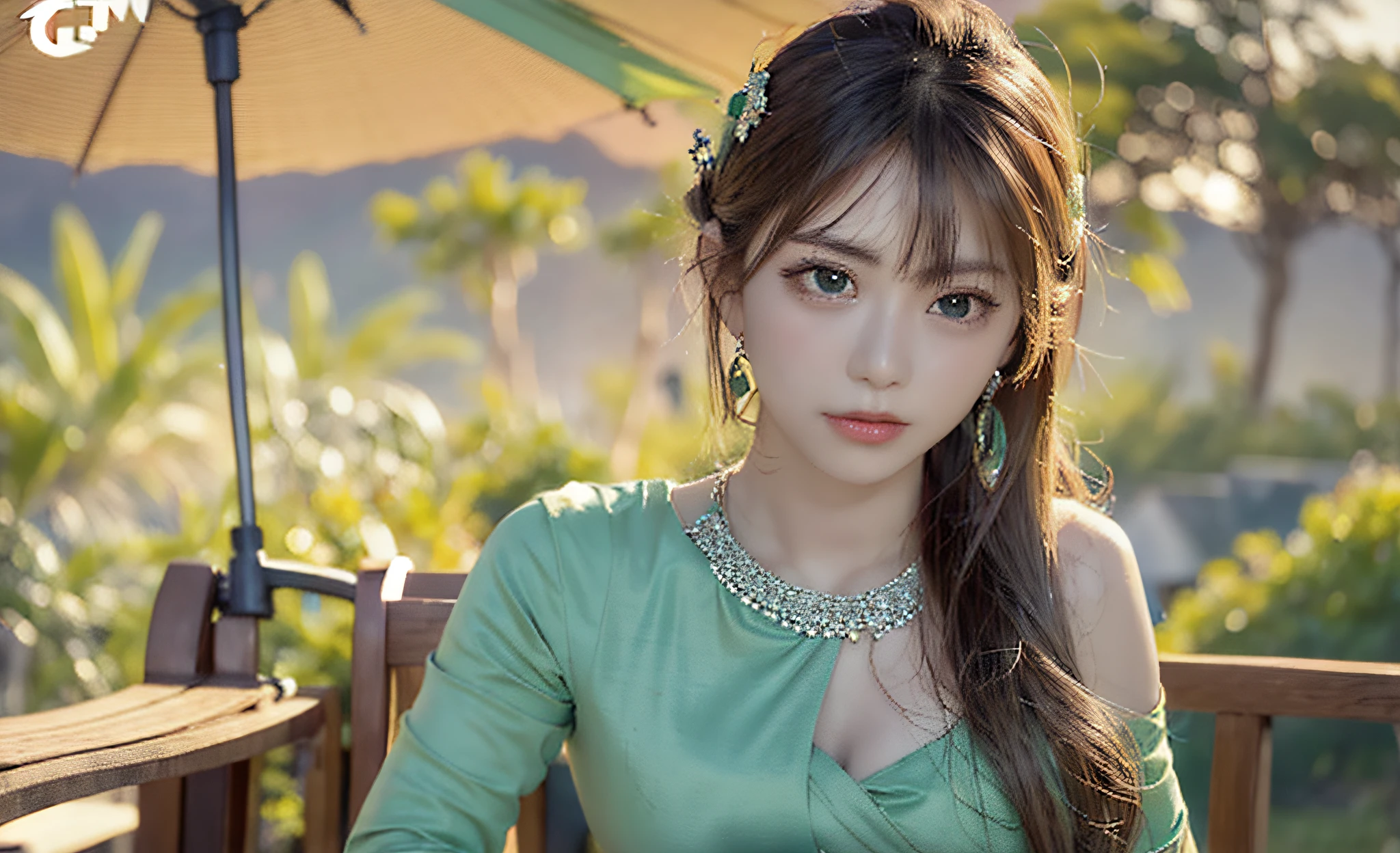Arakfi Asian woman in green dress lying on bench, Guviz-style artwork, Soft portrait shot 8 K, trending on cgstation, with long hair and piercing eyes, 8K Artgerm bokeh, portrait of female korean idol, Rendu portrait 8k, Shot on Canon EOS R 6, Chinese girl, light green tone beautiful face