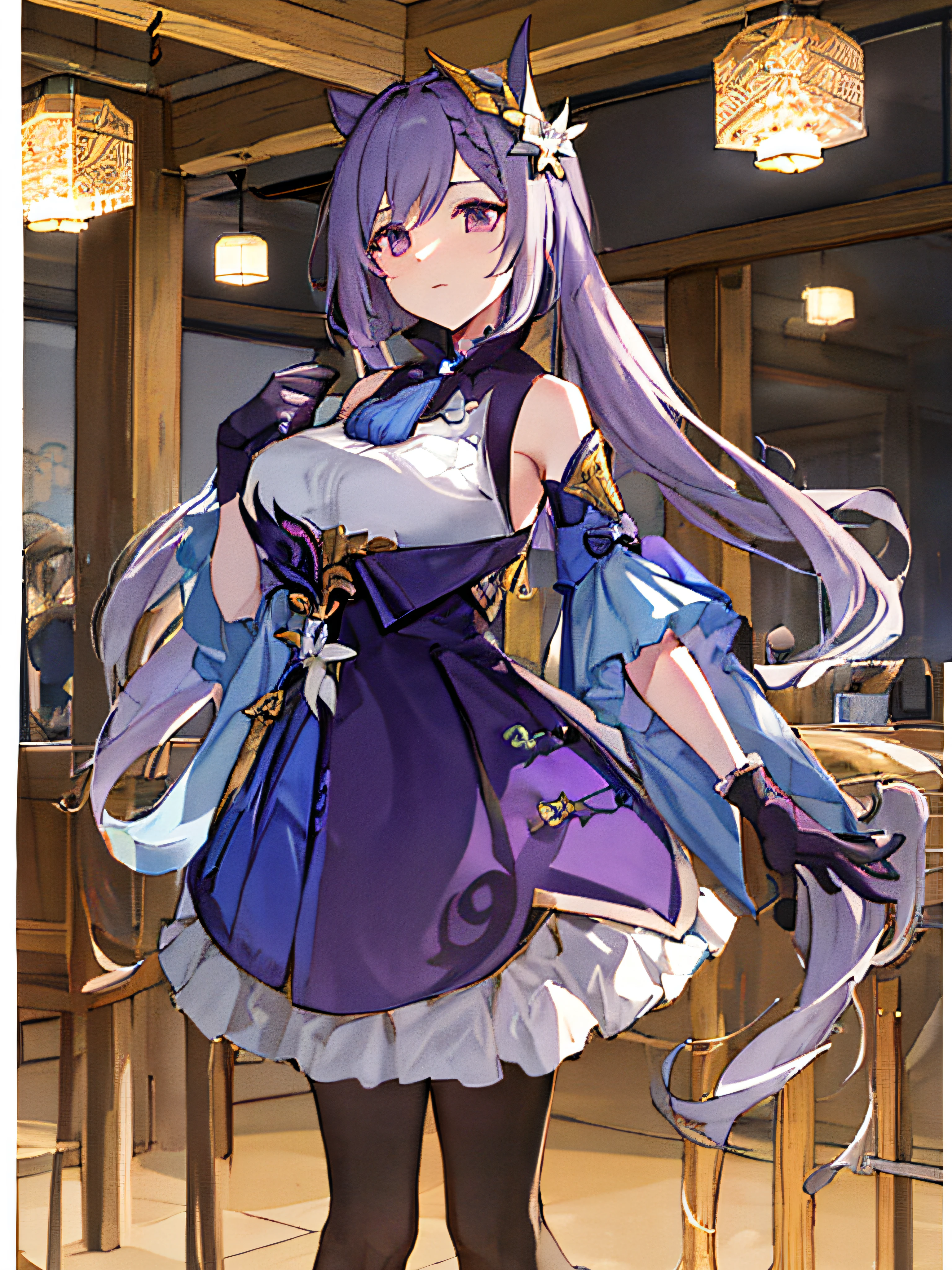 ((masterpiece, best quality)), close-up, straight on, face focus,((1 girl)), {long hair}, ((big breasts)), standing, hair ornamen, gloves, (incredible abronousity),Gold-plated frame,(detailedlight),lamplight,Colorful,Hierarchical background,(Gorgeous background),dynamic angle,Delicate background,(shine),Guest Secretary\(genshin impact\),dual horsetail,Purple hair High-rise buildings