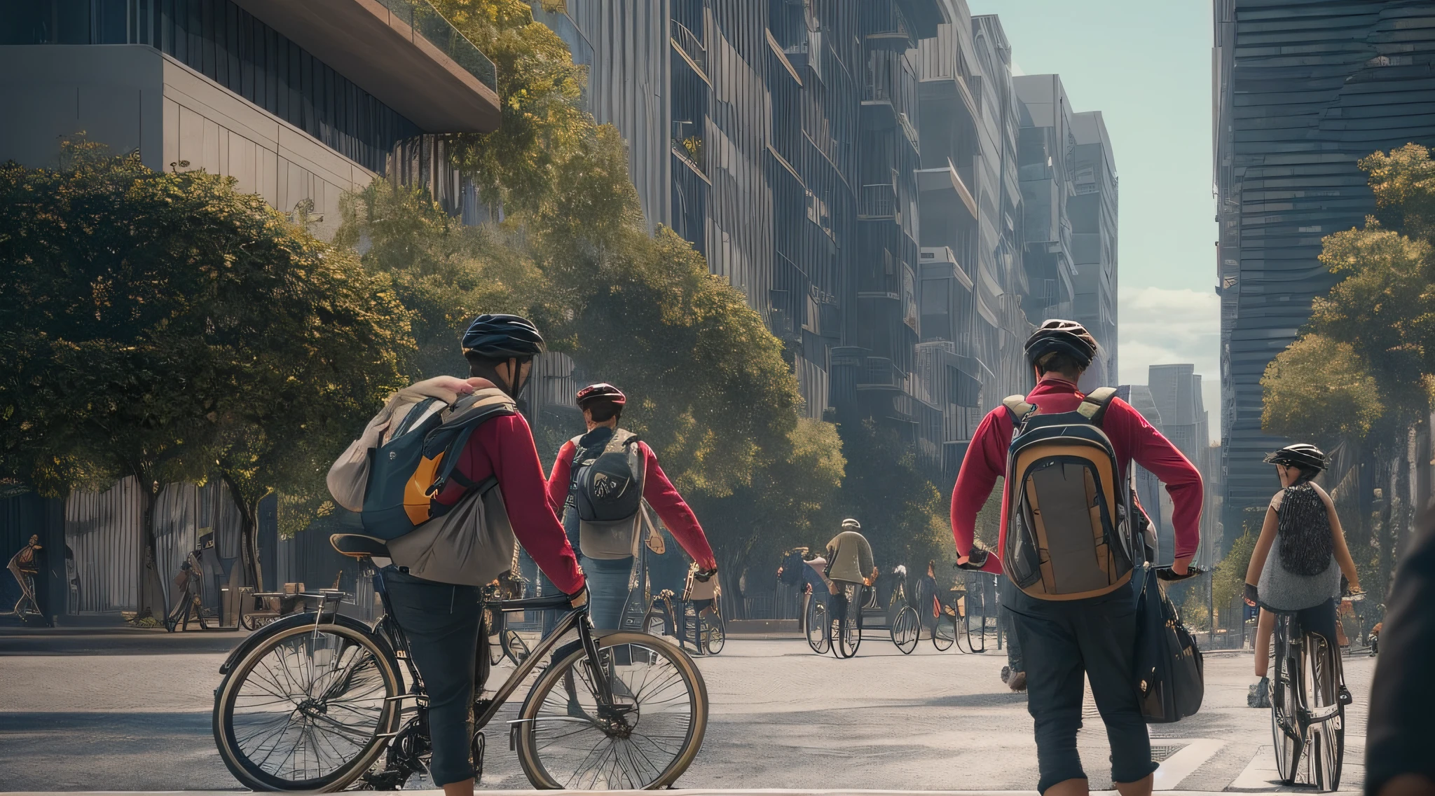 uma movimentada rua da cidade cheia de pessoas de corpo em detalhes perfeito. alguns caminhando e outros andando de bicicleta. The street is flanked by tall buildings, criando uma atmosfera futurista. There are countless people walking down the sidewalk, algumas carregando bolsas e mochilas. Some individuals are riding bicycles, Increasing the scene realistic image in cinematic 4K. cinematic and epic image detailing.