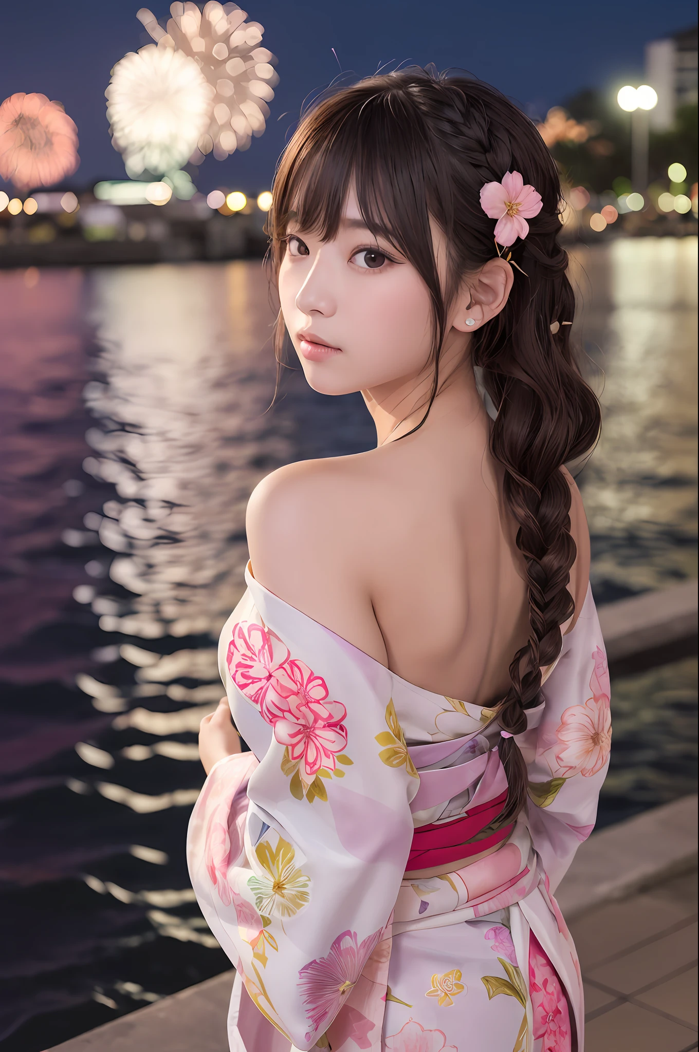 top-quality、facefocus、softlight、(depth of fields)、超A high resolution、(Photorealsitic:1.4)、Raw photography、(portlate:1.4)、(Photo from the front 1.2）、1 Japan Girl、（(Pink yukata with floral pattern)）,（(Shoulder loss)）、A slight smil、brown haired、（(Tied curly hair)）、（(Braids on the head)）、（(Show the nape)）、Various types of hair ornaments、large boob、（(Bangs 1.5)）、Ahoge、(red blush:0.5)、Upper body photo、Look at viewers、(Film composition:1.2),（(mid night、sea side、Lots of realistic fireworks in the night sky)）,（(nigh sky)）Fireworks Festival、Holding nothing in your hands、No building
