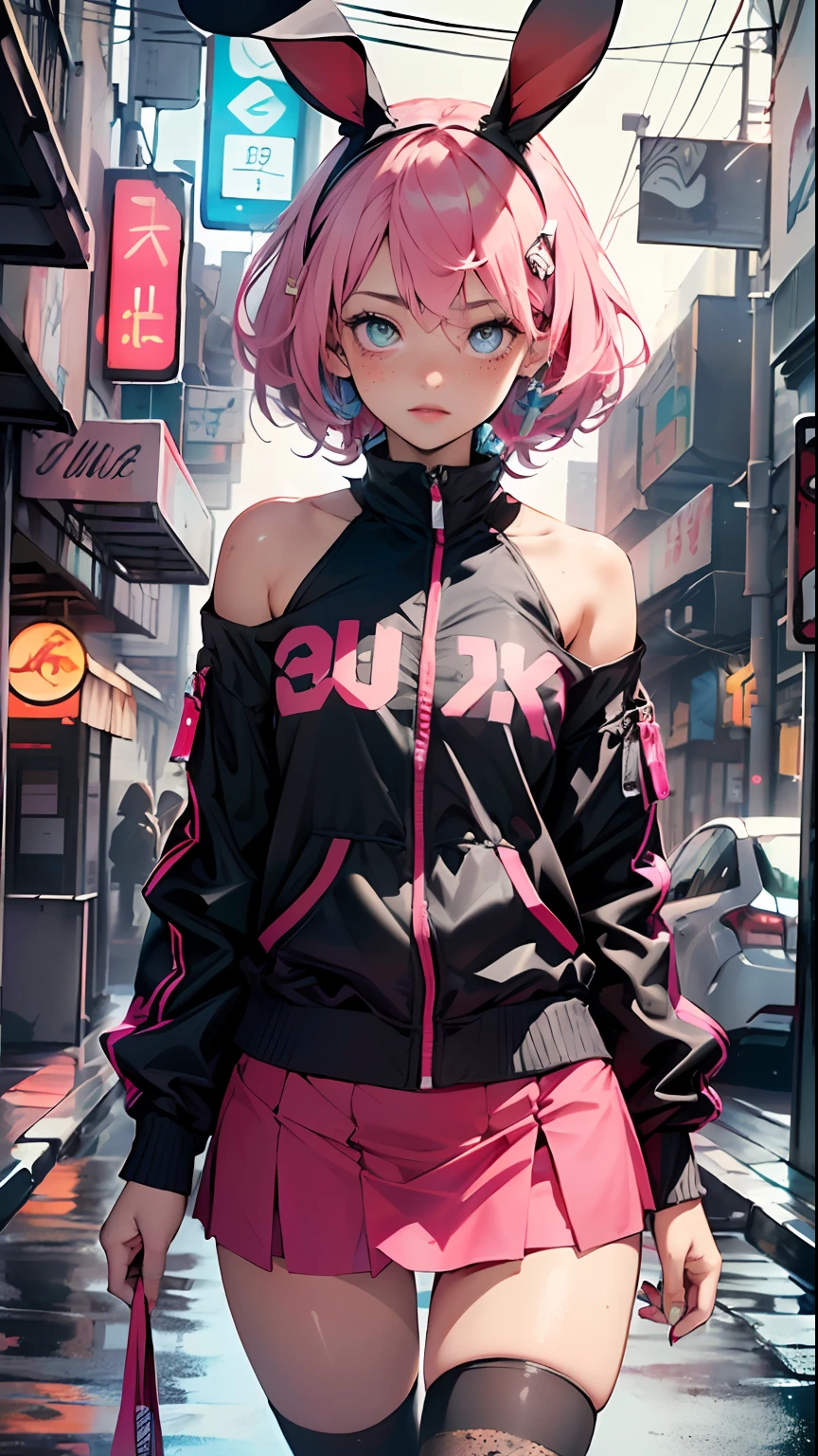 cute little bunny loli,(((little loli, small tiny body, petite))), (((6 years old))),((anime little bunny loli with extremely cute and beautiful fuchsia hair walking down the street)),(((bunny girl,anthro furry cute,bunny-girl))),(((bunny ears,bunny ears on head,big bunny ears))),
(((flat chest))), (((fuchsia hair:1.35,short fuchsia hair,colored inner hair,ear breathing,))),((heterochromia, eye1 fuchsia, eye2 pink, perfect eyes, upturned eyes:1.3, beautiful detailed eyes, finely detailed beautiful eyes:1, big highlight on eyes:1.2, slanted eyes)), (((freckles on the face, freckles,freckled girl))),(((lustrous skin:1.5,bright skin: 1.5,skin tanned,shiny skin,very shiny skin,shiny body,plastic glitter skin,exaggerated shiny skin))),(delicate detailed fingers,detailed body,detailed arms,human hands, detailed hands),
cute,slutty,,erotic,nsfw,
zettai ryouiki,revealing clothing,show skin,((rave shirt, neon colored shirt, rave mini-skirt,visible thong straps)),(wearing a rave outfit:1.3,rave clothes,semi-naked,with little clothing,),(detailed outfit,detailed clothes),
(dynamic pose:1.0), solo focus, embarrassed, centered, scale to fit dimensions, Rule of thirds,
outdoors, ((night view)), (cyberpunk night street Background: 1.5,dark sky,alleyway,lonely alley,thick clouds, detailed background:1.25),
(best quality), (high resolution), (sharp focus), (ultra detailed), (extremely detailed), (extremely high quality artwork), 8k_wallpaper, (extremely detailed CG 8k),(very fine 8K CG), ((hyper super ultra detailed perfect piece)), flawless, (((masterpiece))), illustration, vibrant colors, (intricate), High contrast, Selective lighting, Double exposure, HDR (High Dynamic Range), Post-processing, Background blur,