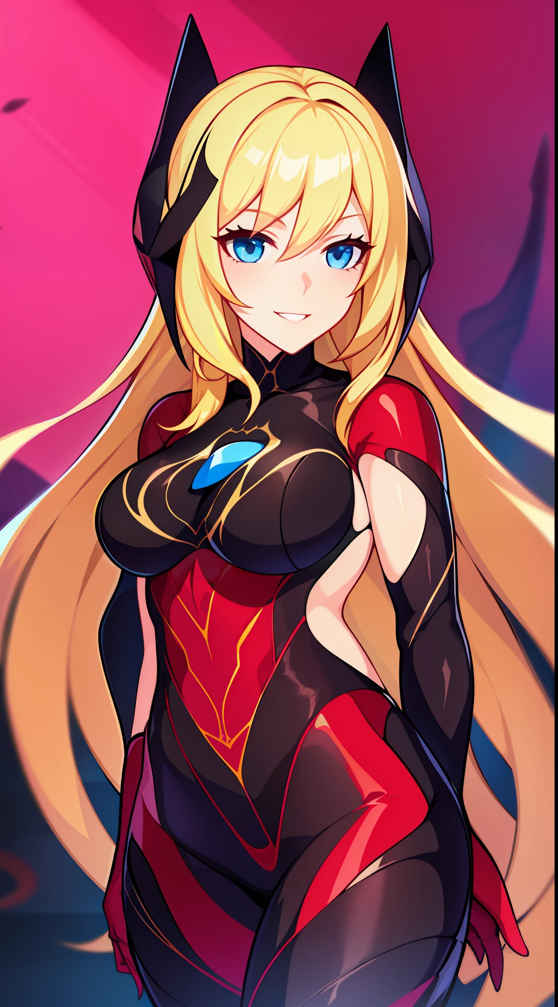 young girl, longue blonde hair, blue eyes, Bio-organic suit, symbiote, Riot, ssmile, Masterpiece, hiquality