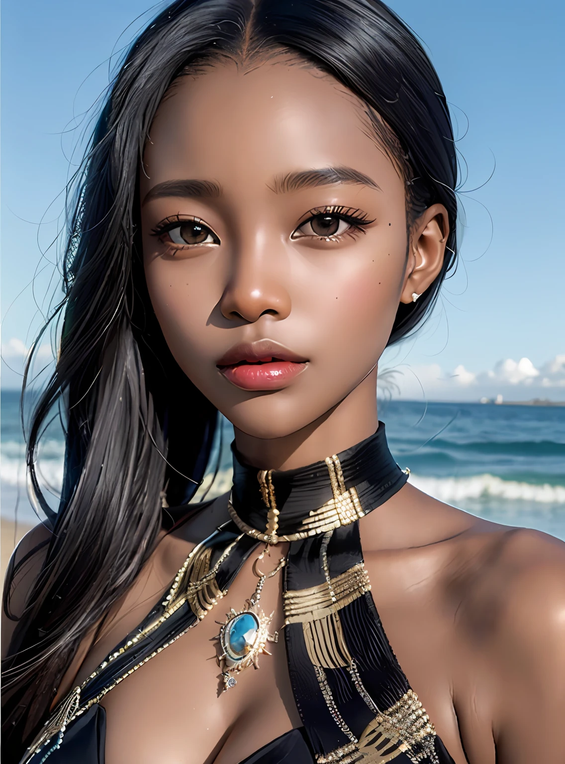 Photorealistic Beautiful black girl，African girl，Thin，Dark  skin，Wear formal evening dresses,Have by the sea，Strong gaze，Close-up portrait surrealism