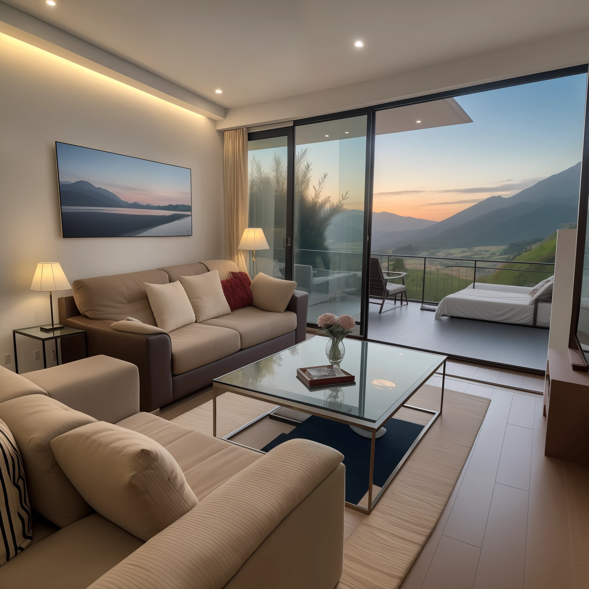 casa de vidro, dois andares, Large living room with modern and cozy decoration, quartos no andar de cima, banheiro surreal de lindo, escada com plantas e colunas na sala, mountain location, vista linda para a cidade, entardecer, carros de luxo na porta de casa, 8k, alta qualidade, surrealista,  melhor qualidade