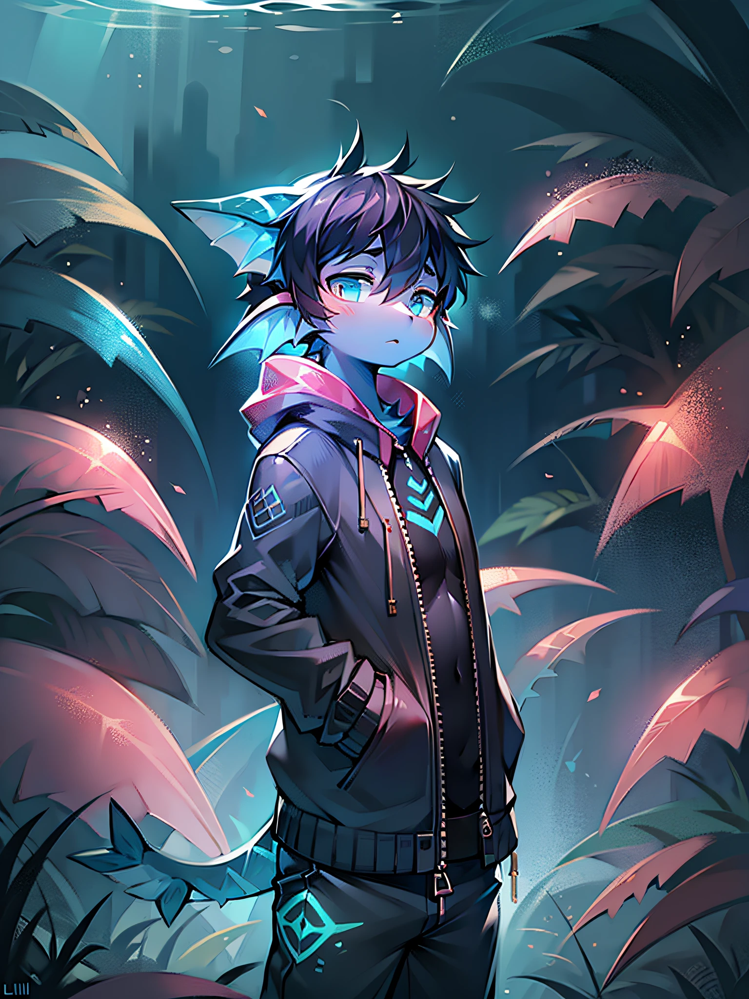 (Bright environment: 0.8),Puppet Focus,Panorama like,tmasterpiece,8K,shadowing,Soft lighting,The corals,Glowing plants,jelly fish,trpical garden,eastern style,beam of light,shadowing,Fish Boy,Male teenager,Beast type,merfolk,with short black hair,jaket,Bottoms,Anti-joint,Tentacle hair,Fin ears,fin,More fins,gill,Webbed hands,scutes,Blue-black complexion,Luminescent tattoo