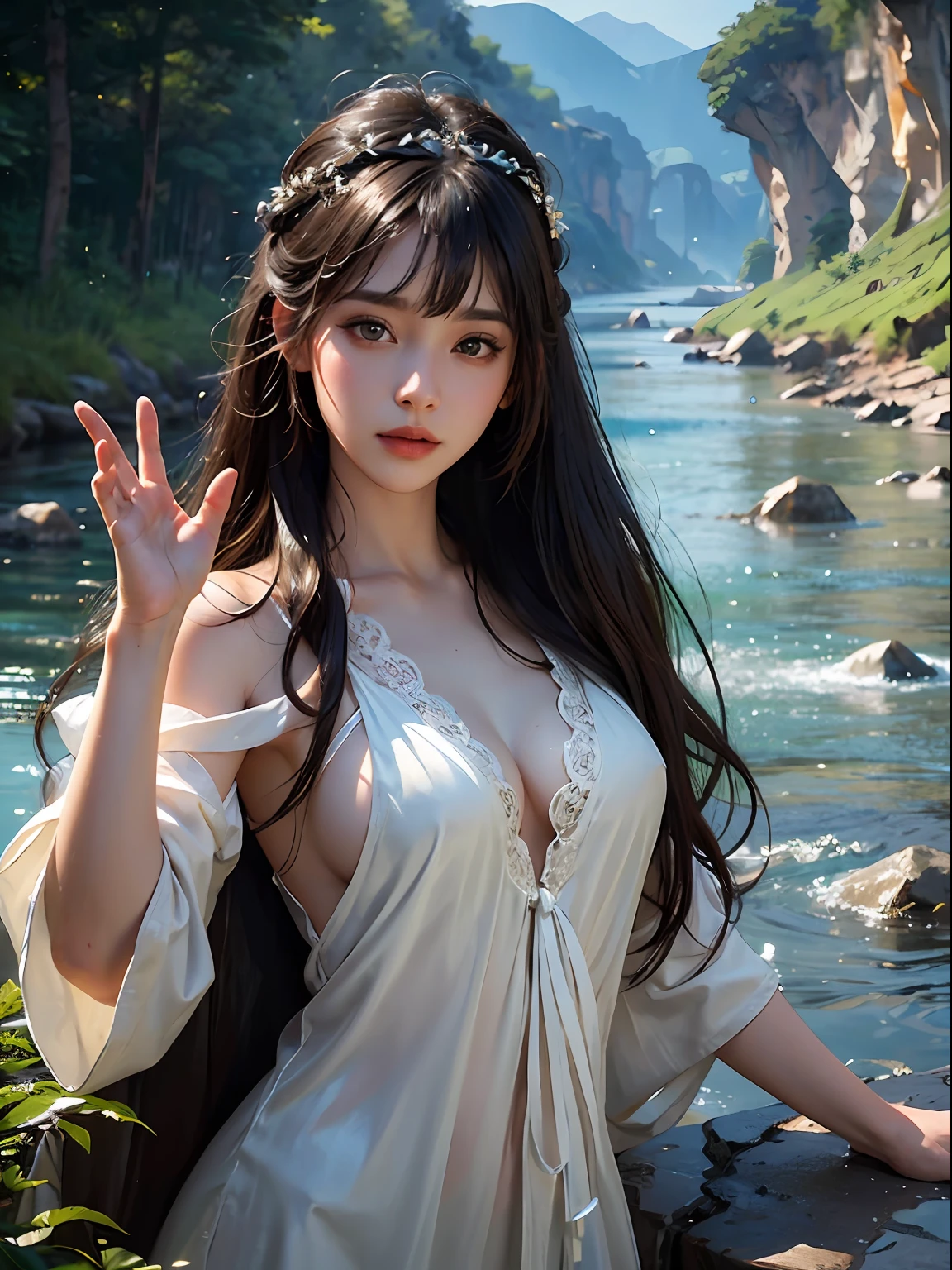 (in a river playing with water)1beautiful girl, long black hair with bangs, daisy, intricate ornaments, white silk robe, realistic, looking at the camera, riverside, waving, tranquil, mountain background, cinematic lighting, trending on ArtStation, by Irakli Nadar, Greg Rutkowski，(((best quality))),(((ultra detailed))),(((masterpiece)))