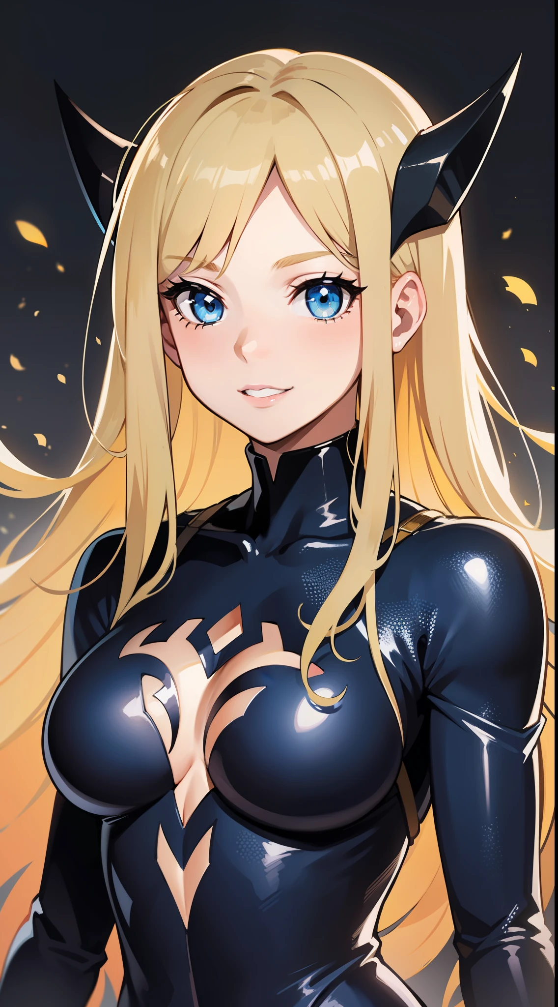 young girl, longue blonde hair, blue eyes, Bio-organic suit, symbiote, Riot, ssmile, Masterpiece, hiquality