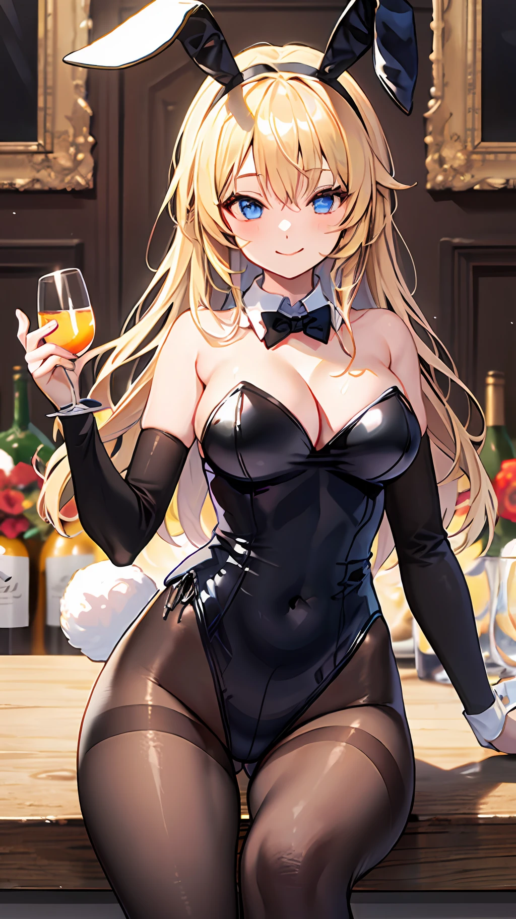 a sexy bunny girl who is posing in leather outfit and boots, holding a glass, 1girl in, breasts, Solo, Playboy Bunny, Detached collar, pantyhose, Rabbit ears, Bow, Blonde hair, Leotard, Animal ears, Blue eyes, Golden leotard, bowtie, Looking at Viewer, Bare shoulders, Covered navel, Long hair, Large breasts, Fake animal ears, Holding, Smile, cleavage, highleg leotard, cup, Rabbit tail, tail, Strapless, Closed mouth, highleg, thighs thighs thighs thighs, strapless leotard, Cowboy Shot, fake tail