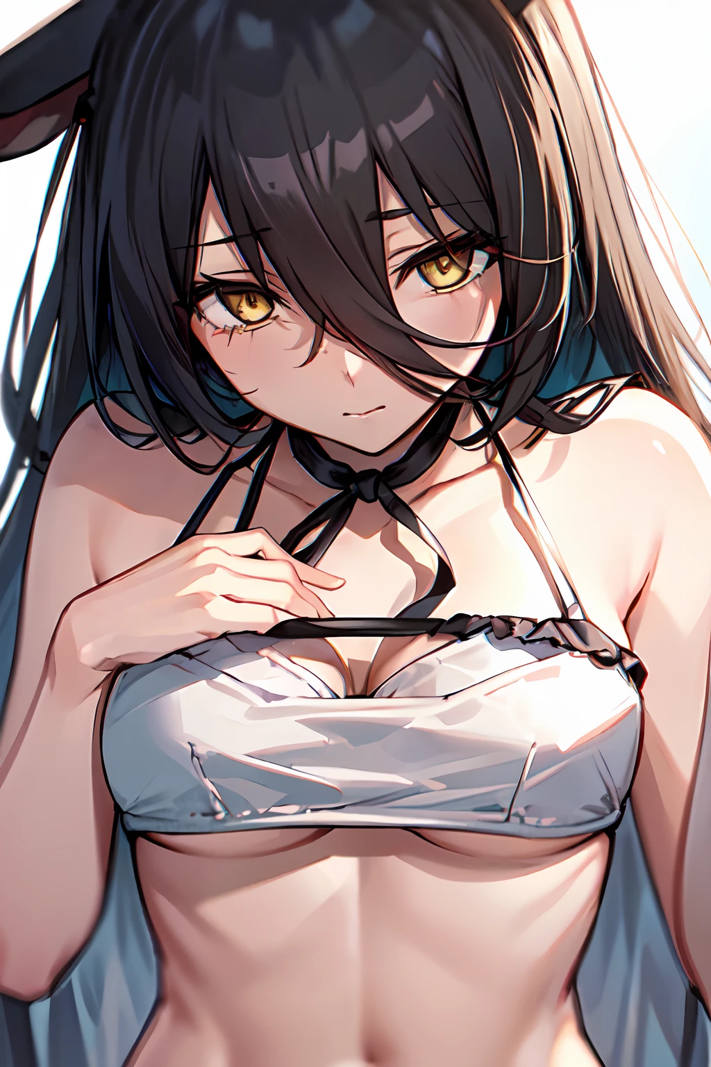 ((masutepiece, Best Quality)),1girl in,manhattan-cafe,Horse Girl,Horse ears,hair_Bland_Eyes,long_hair, Black_hair,Ahoge,yellow_Eyes,Beach, Ribs,Upper body,(bikini of:1.2),(from a_Below:1.2),(close-up:1.4)