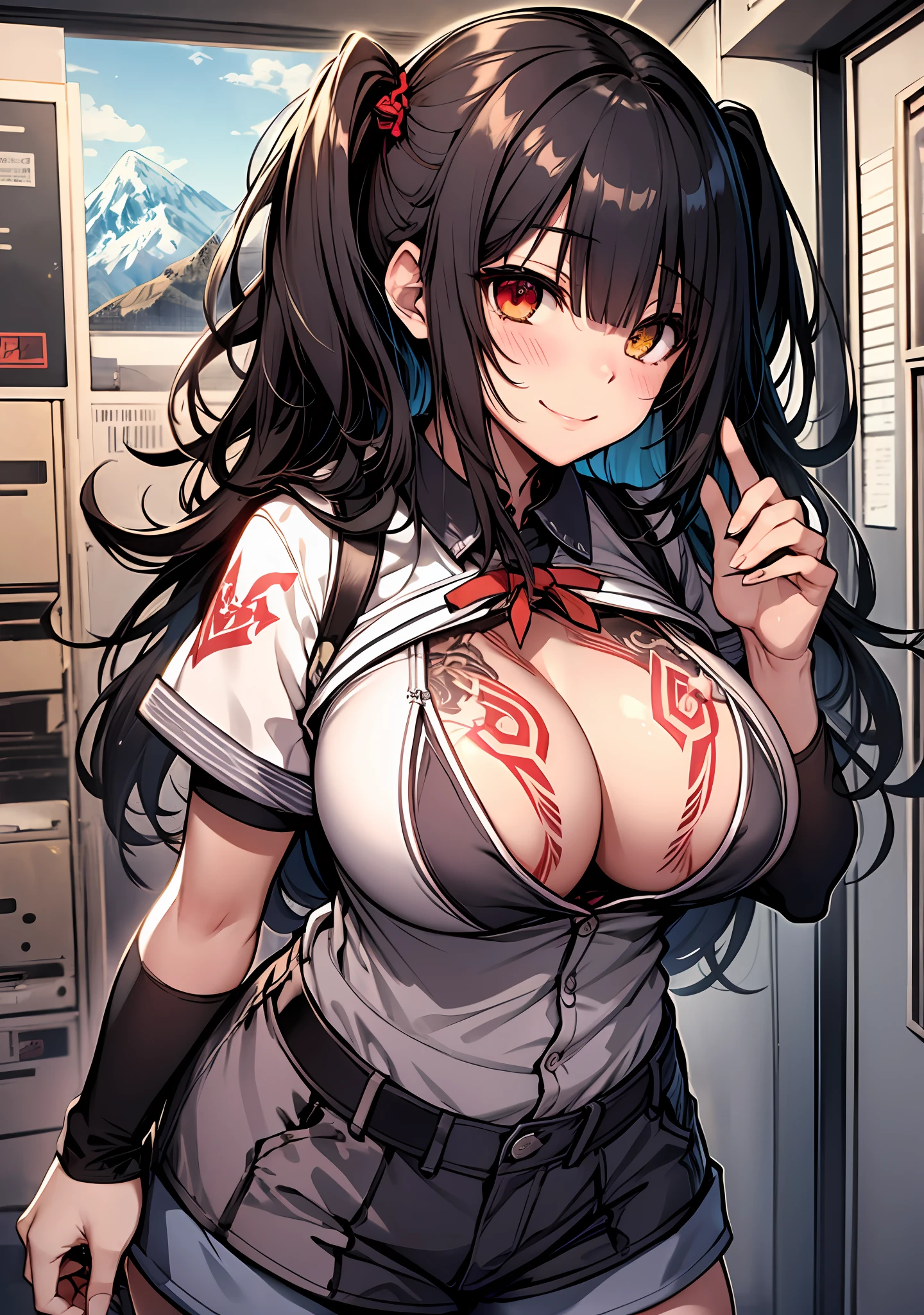 Masterpiece, high quality, ultra quality, best lighting, 1girl, ((tokisaki kurumi)), long hair, black hair, low twintails, monochrome, ((right red eye:1, left yellow eye:1)), black school uniform, ((black school uniform)), ((short pants)), ((big breast)), ((big thigh)), smile, blush, cute face, ((gesugao face)), standing, sexy body, sexy, tattooed full body, tattooed face, (((tattooed))),looking at viewer, large the breast, nsfw, (((mountain)))