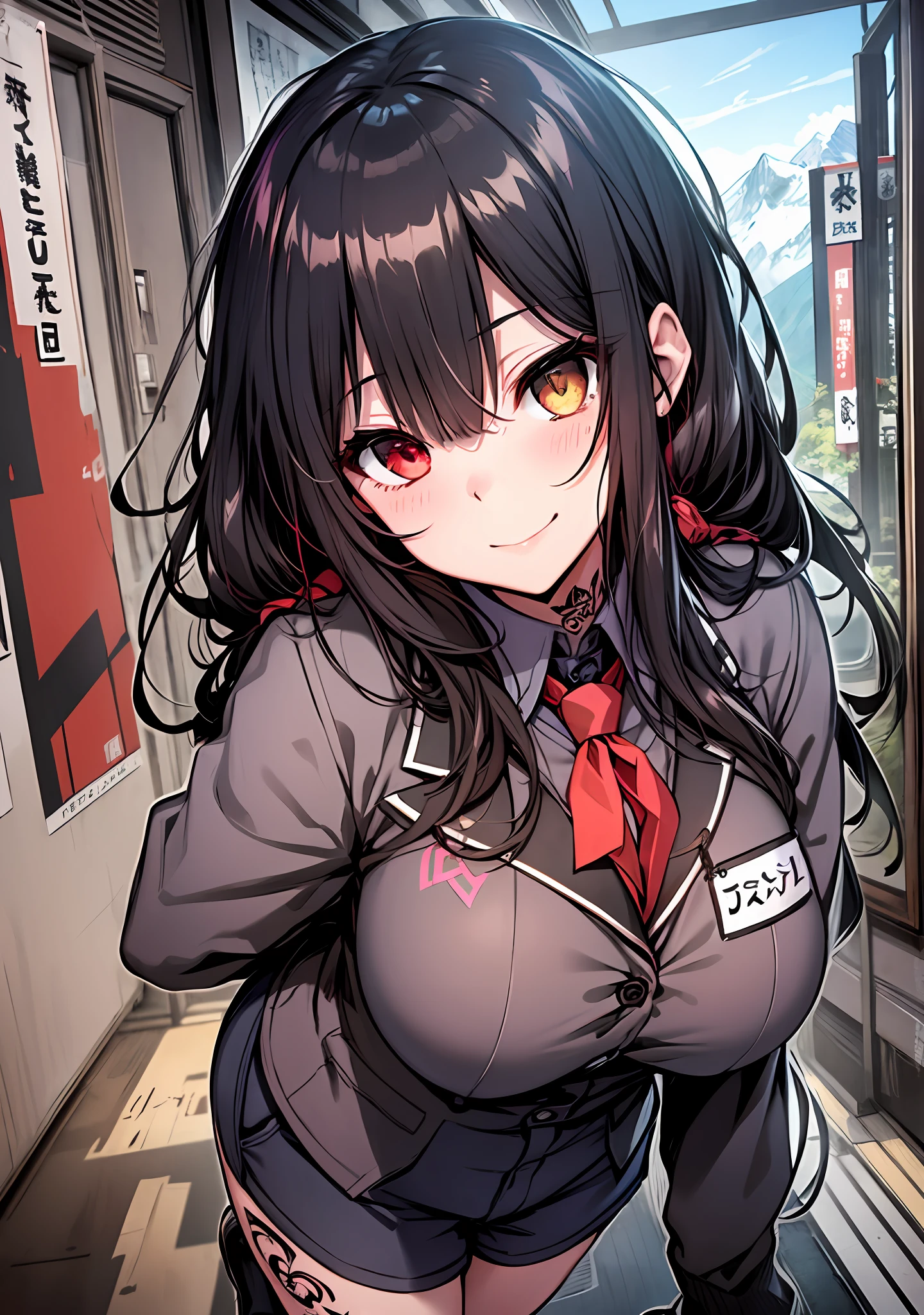 Masterpiece, high quality, ultra quality, best lighting, 1girl, ((tokisaki kurumi)), long hair, black hair, low twintails, monochrome, ((right red eye:1, left yellow eye:1)), black school uniform, ((black school uniform)), ((short pants)), ((big breast)), ((big thigh)), smile, blush, cute face, ((gesugao face)), standing, sexy body, sexy, tattooed full body, tattooed face, (((tattooed))),looking at viewer, large the breast, nsfw, (((mountain)))