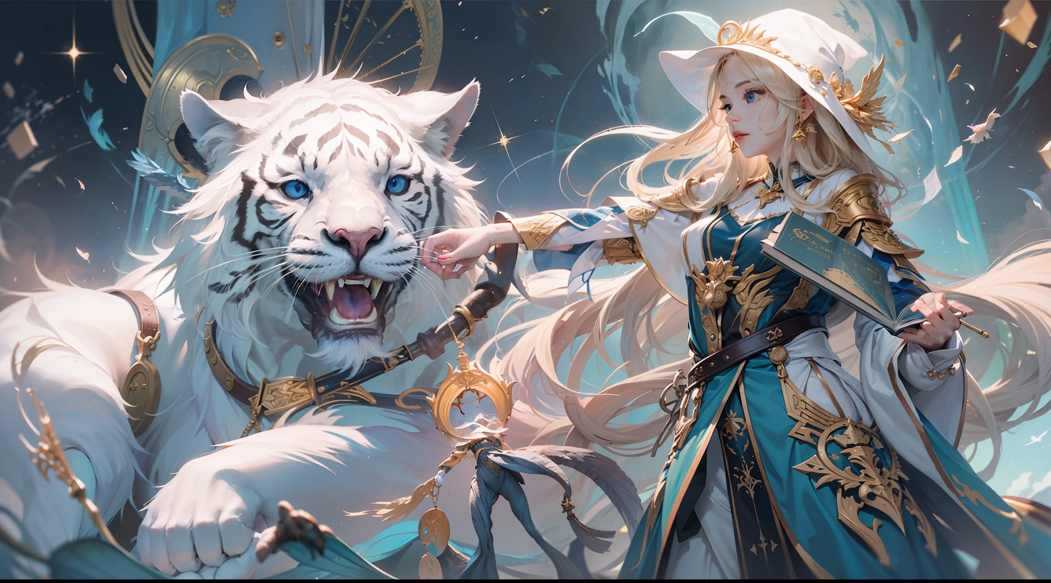 Magic Book,Blood,Night, Dark, (Fantasy),infinite,deep blue sky,The abyss of knowledge,Cowledge,((masutepiece)), (((Best Quality))),((Beautiful fine eyes)),(Eye lashes)、Beautiful girl riding a white tiger、(女の子1人)、Golden hair、The long-haired、abyss eyes、glowy skin、oils、small tits、(Bird body、pluma)、Wizard robes、tattered cloth、Teenchi、elvish、Super delicate CG Unity 32k wallpaper、masterpiece, ((ultra-detailliert)), ((illustratio)),colourfull,wall-paper,The energy,Unknown terror,Incomprehensible,Around the magic,Magical surroundings,magic wands,Boken,Flying pages,Know everything,Predict the future、Get to know the past、Infinite wisdom、blue flames、Warlock、magic circles、Pentagram、Spells、mantra、Singing magic