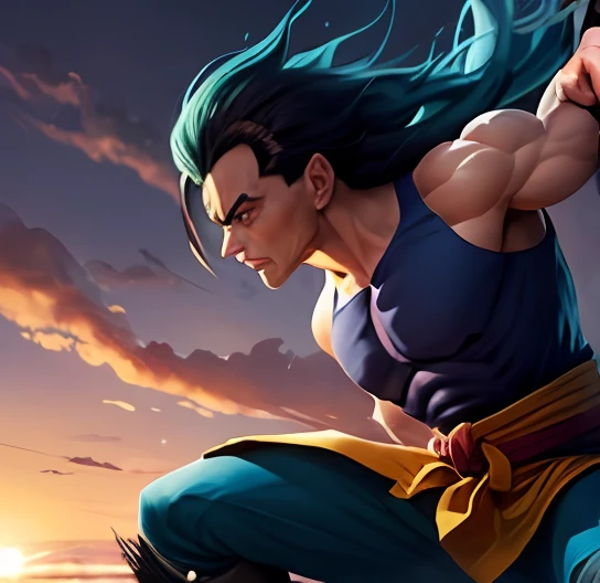 um close up de uma imagem estilo anime de uma pessoa, masculino, homem, com um punho, Mudoken, Estilo Akira Toriyama, Pose de luta, corpo inteiro, Pose de batalha, Pose de lutador, Humano, Dragonball, Kimono azul, cabelos pretos e longos