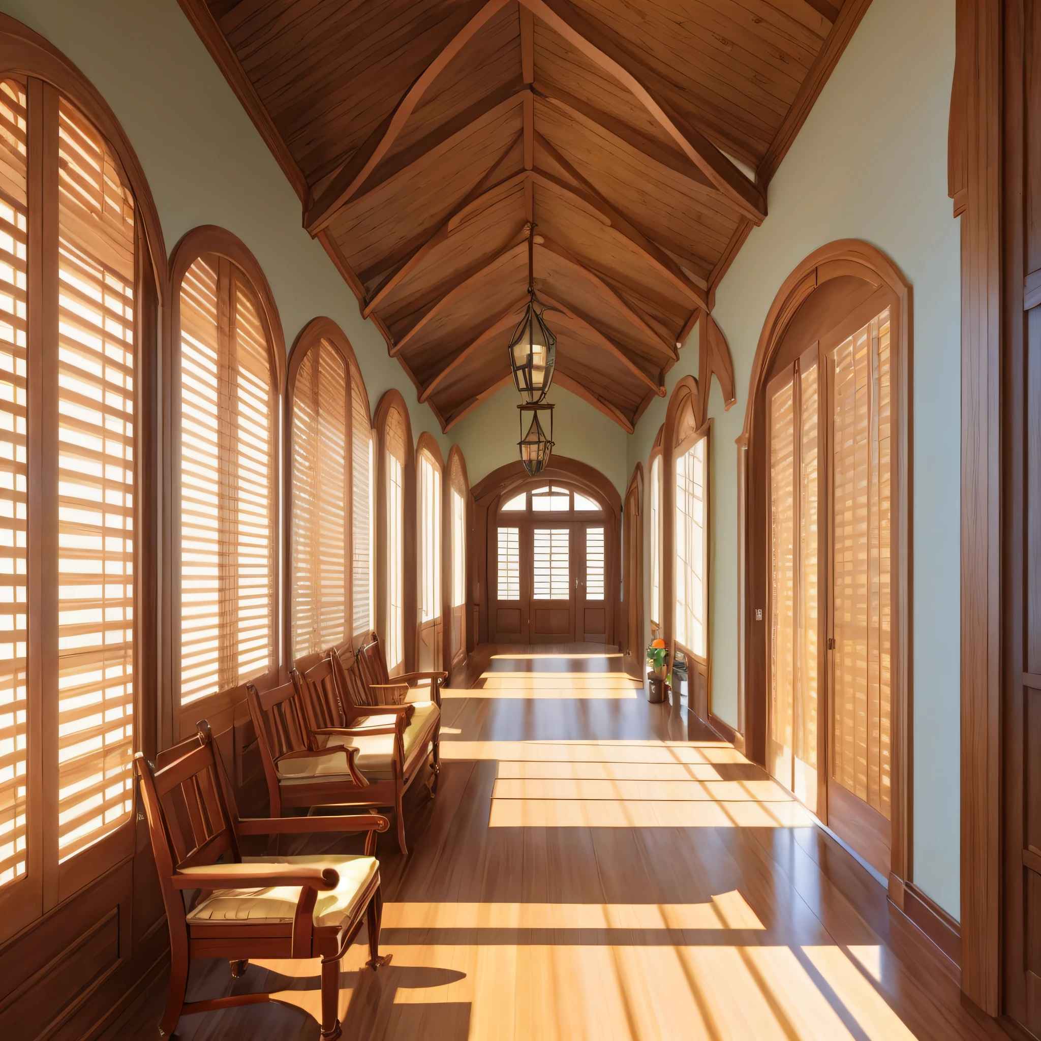 （（rest home）），Spacious hallway，long hallway，Long wooden handrails on the wall，Arched windows，（Under each window, There is an age-appropriate bench seat），Low wooden bookcase next to the seat，（window shutters），（Multiple elderly people），（Old man sitting in window seat），An elderly man pushes a wheelchair in the hallway，Advanced rendering，Warm and harmonious atmosphere，a warm color palette，long hallway，Halo ，llight rays，Light through the blinds，Enscape rendering，