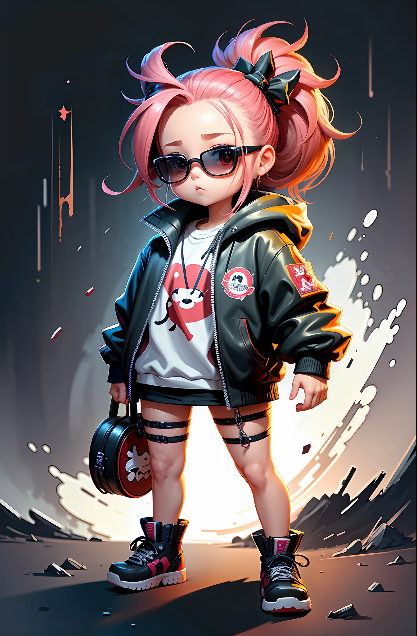Full body view of the Q version,Tech Loli,red color eyes,High pink ponytail,Oversized bow on head,Functional style clothing,Two-dimensional painting style,Lolita costume,