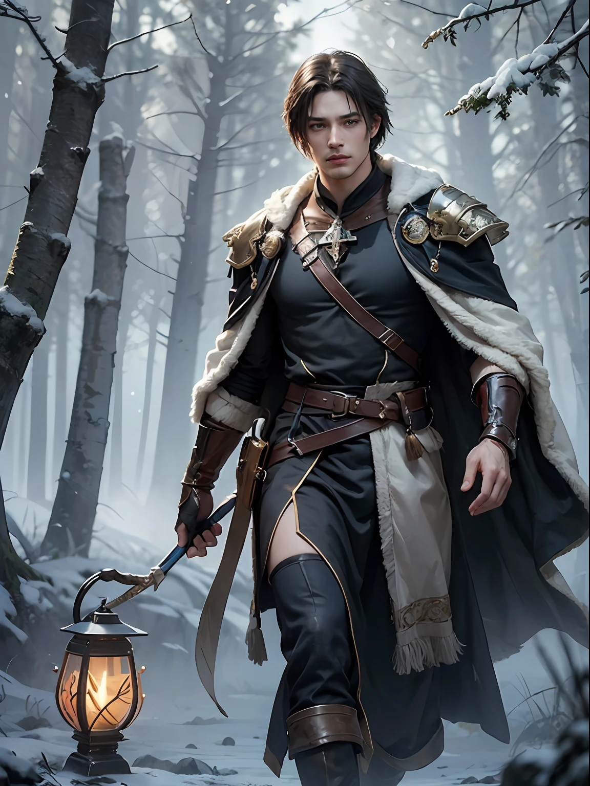 (More than half body) (slightly smirk), 1man, God of Frost, king, solo focus, adult, pale and young adult face, short black hair, black silk robe with golden lining, strolling in frost forest in mist with lantern, realistic, dynamic pose realistic, detailed and correct facial structure, blades ornaments, LEON S. KENNEDY, handsome, attractive, slightly muscular, cinematic lighting, unreal engine, trending on ArtStation, intricate details,  masterpiece, best quality, by Irakli Nadar, Greg Rutkowski，(((best quality))),(((ultra detailed))),(((masterpiece)))