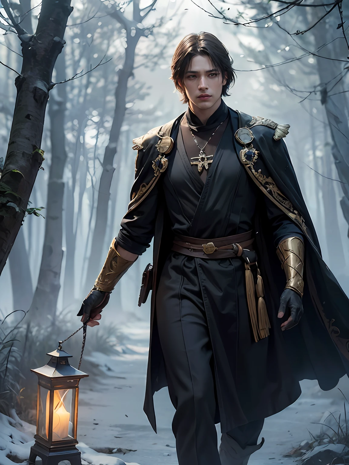 (More than half body) (slightly smirk), 1man, God of Frost, king, solo focus, adult, pale and young adult face, short black hair, black silk robe with golden lining, strolling in frost forest in mist with lantern, realistic, dynamic pose realistic, detailed and correct facial structure, blades ornaments, LEON S. KENNEDY, handsome, attractive, slightly muscular, cinematic lighting, unreal engine, trending on ArtStation, intricate details,  masterpiece, best quality, by Irakli Nadar, Greg Rutkowski，(((best quality))),(((ultra detailed))),(((masterpiece)))