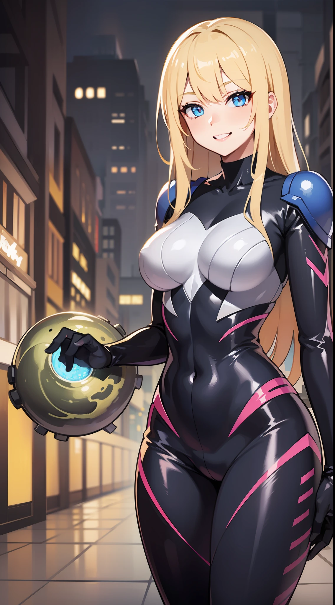 young girl, longue blonde hair, blue eyes, Bio-organic suit, symbiote, Riot, ssmile, Masterpiece, hiquality