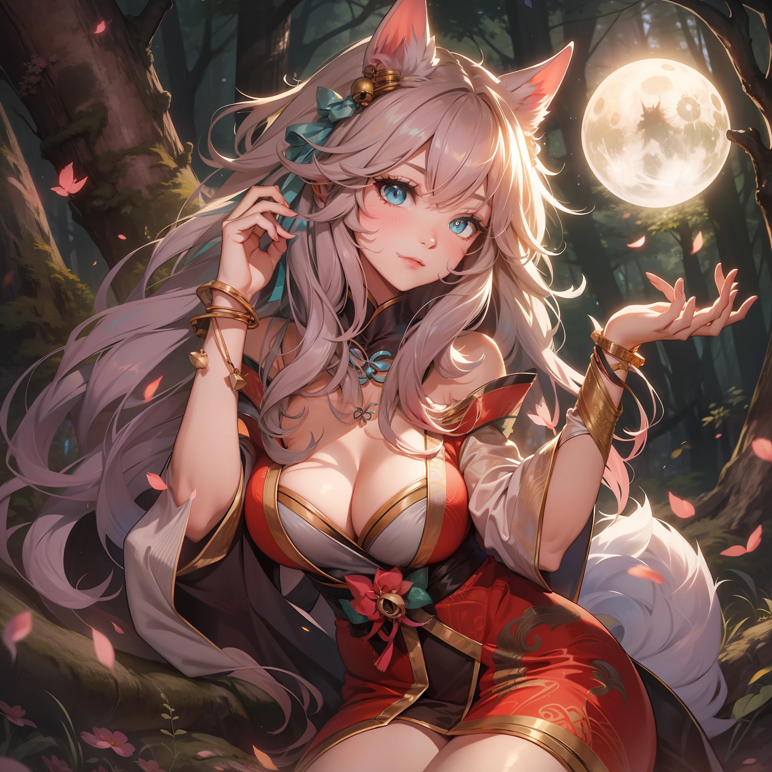 face illuminated，Bright backlight，Love background，超高分辨率，best qualtiy，photore，4K，（realisticlying：1.2）， 1个Giant Breast Girl，adolable，roleplaying，ahri（league of legend），Sit on a branch，Crossed legs，with hands resting on knees，Naughty，looking at viewert，（mediuml breasts：1.1），Nine tails，Long ears，Green eyes，（longwavy hair：1.2），White and gold tiara，Red and gold cheongsam dress，（thighs high socks：1.3），red high heel pumps，Red and gold bracelet，In the moonlit forest，Hold the glowing sphere，