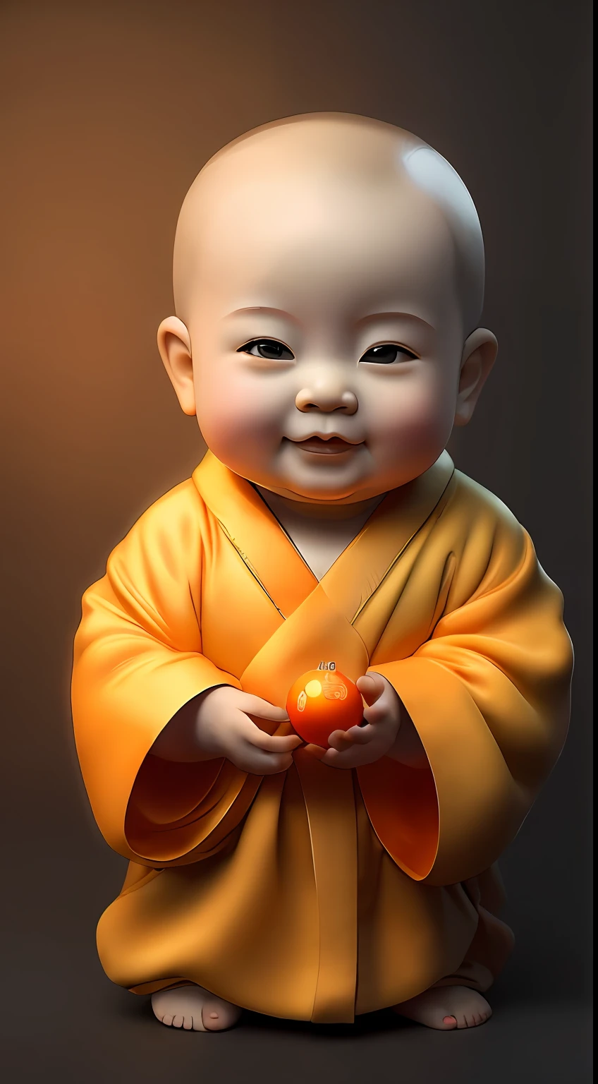 A cute  Chinese monk，2 years y，The round face smiled，Wearing a green robe symbolizing Buddhism，Holding the glowing one in both hands(Orbs）Sit cross-legged in the temple，His round and playful face was both proud and smiling，The eyes are bright and lively。The style is influenced by kawaii punk、Influence of Zen Buddhism，32k uhd，North and South Dynasties，Baby fleece，Dark brown and light brown，Precisionist style – Figure 9:16 figures#4