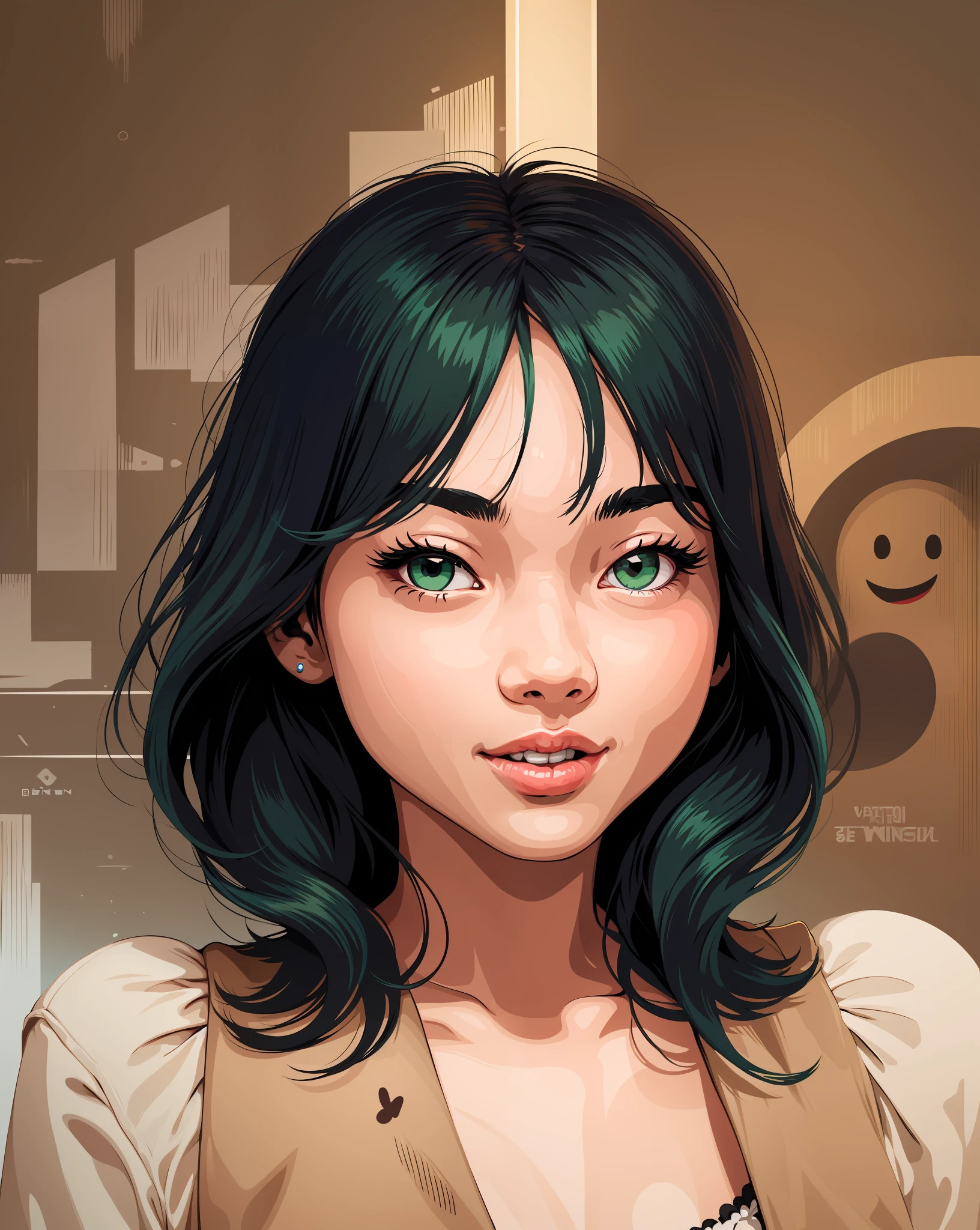 Korean girl, vector ,illustration,green hair, emoticon eyes,background white, best quality, close mouth