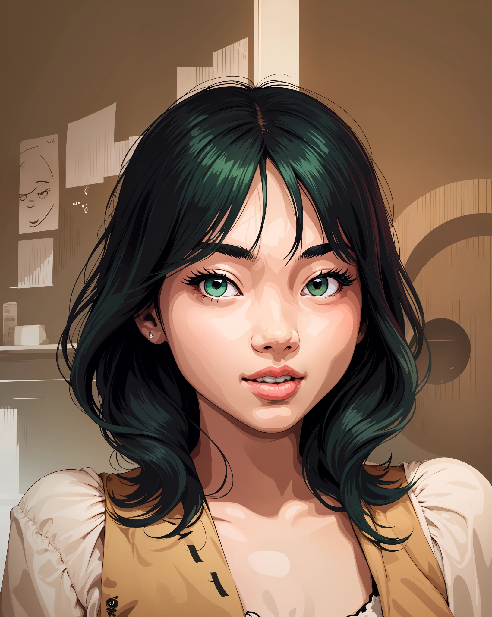 Korean girl, vector ,illustration,green hair, emoticon eyes,background white, best quality, close mouth