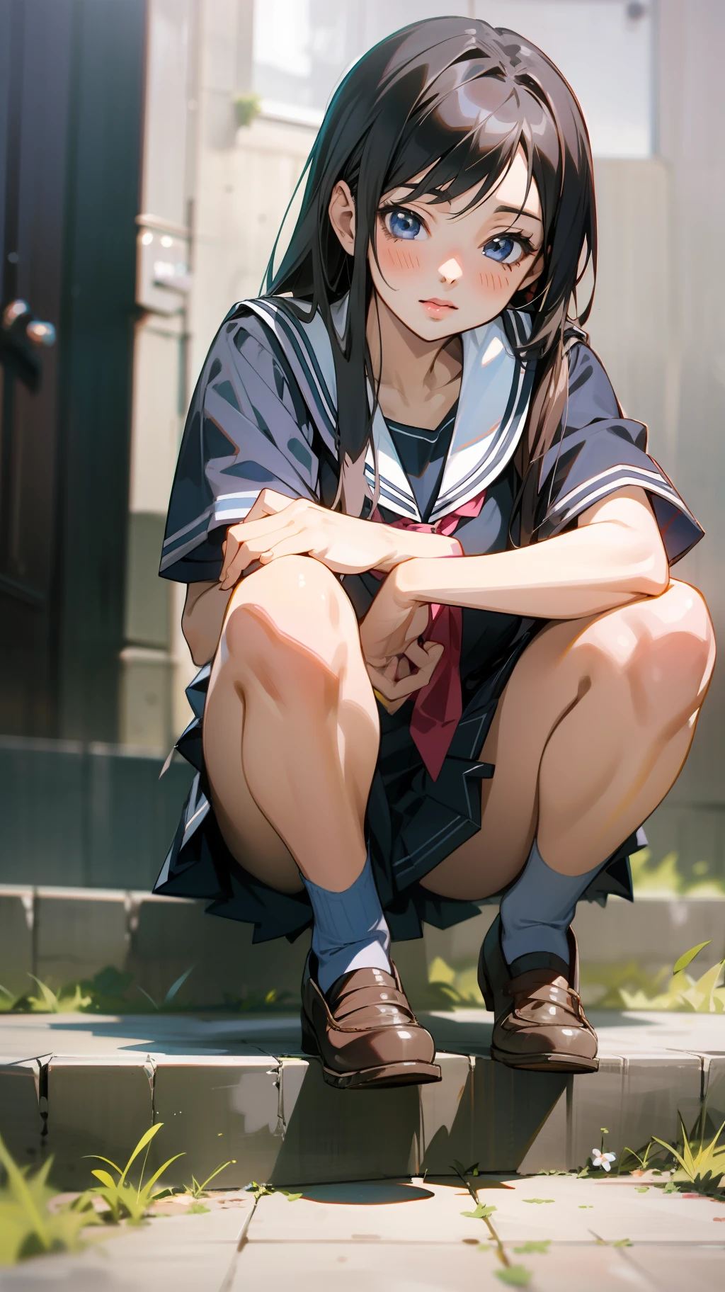 there is a woman sitting on the steps of a building, a hyperrealistic schoolgirl, a hyperrealistic schoolgirl, the anime girl is crouching, Cute Schoolgirl, photorealistic anime, beautiful anime girl squatting, Hyper realistic anime, Seductive Anime Girl, beautiful anime high school girl, photorealistic anime girl render, School Girl