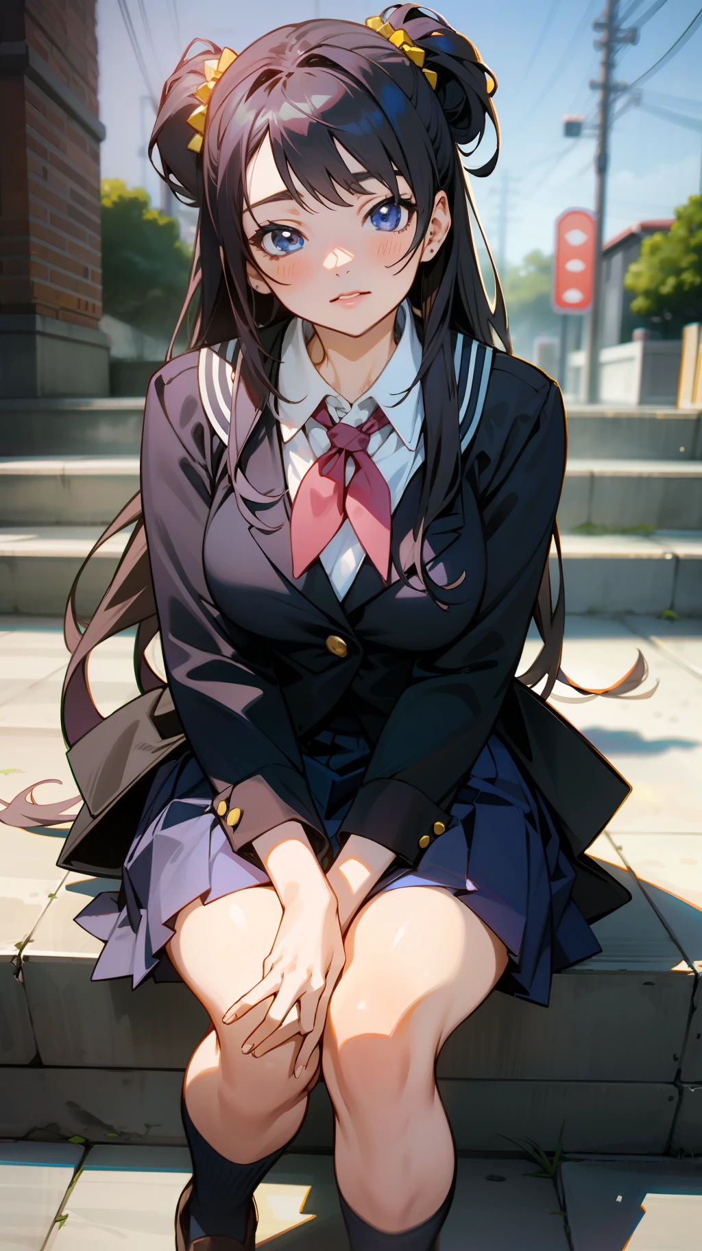 there is a woman sitting on the steps of a building, a hyperrealistic schoolgirl, a hyperrealistic schoolgirl, the anime girl is crouching, Cute Schoolgirl, photorealistic anime, beautiful anime girl squatting, Hyper realistic anime, Seductive Anime Girl, beautiful anime high school girl, photorealistic anime girl render, School Girl