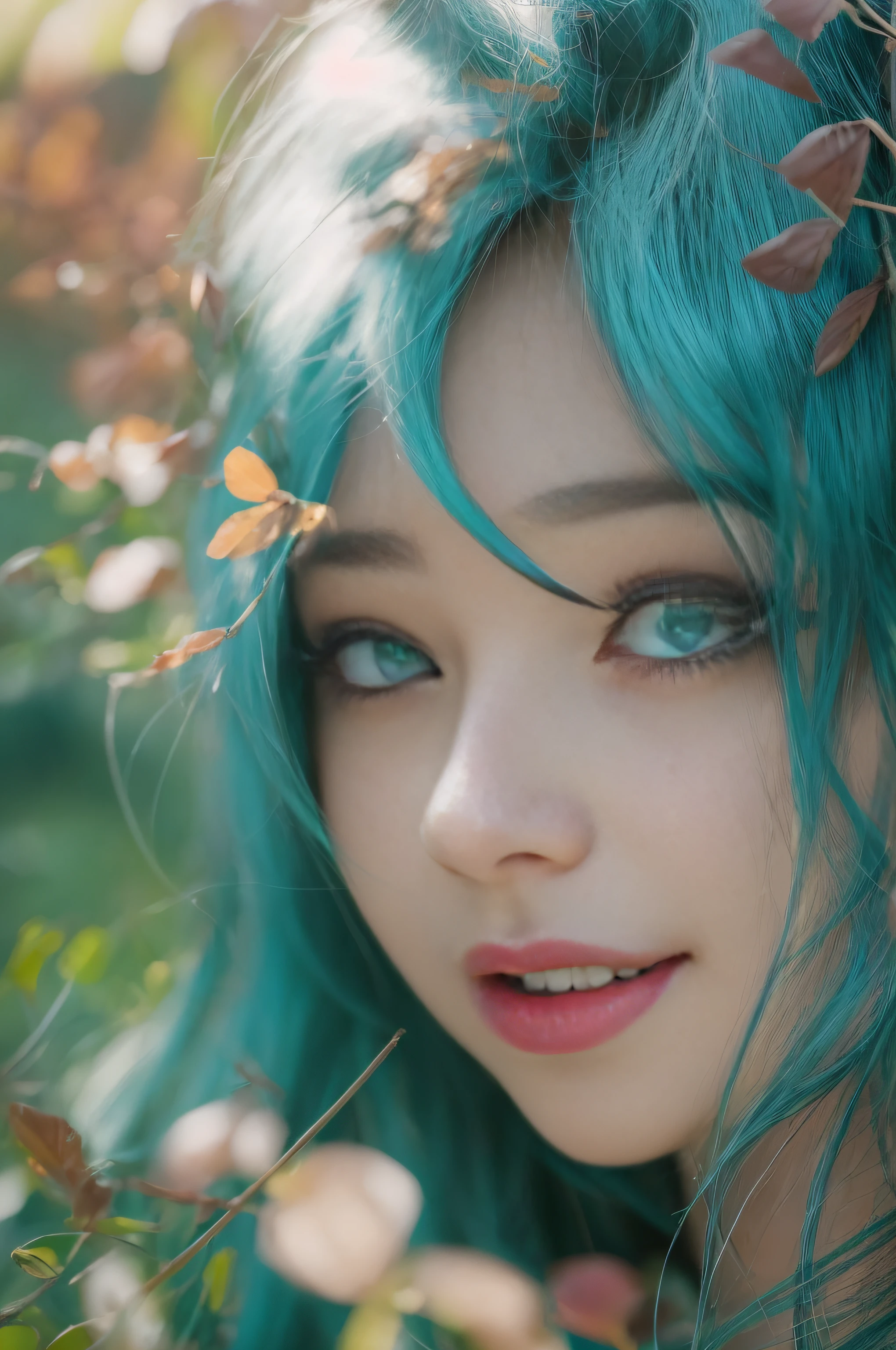 1 beautiful girl, The facial features are delicate and three-dimensional, The expression is natural and real, Natural smile, Detailed details, jungles, oases, giant and wet trees, Close-up Shot Shot , The broad leaves cover a small part, Exposes most of the face, Natural skin, high qulity, beautidful eyes, real photograph, sharp fokus, Delicate skin, High resolution 8K, insanely details, realisticlying, professional photoshooting, 8K UHD, SLR camera, softlighting, high high quality, Fujifilm XT3, aqua eyes, long eyelasher, Lick lip, Bright pupils, macro photograph, hyper HD, aqua eyes, long eyelasher, Lick lip, Bright pupils, Close-up, , macro photograph, Masterpiece, hyper HD,