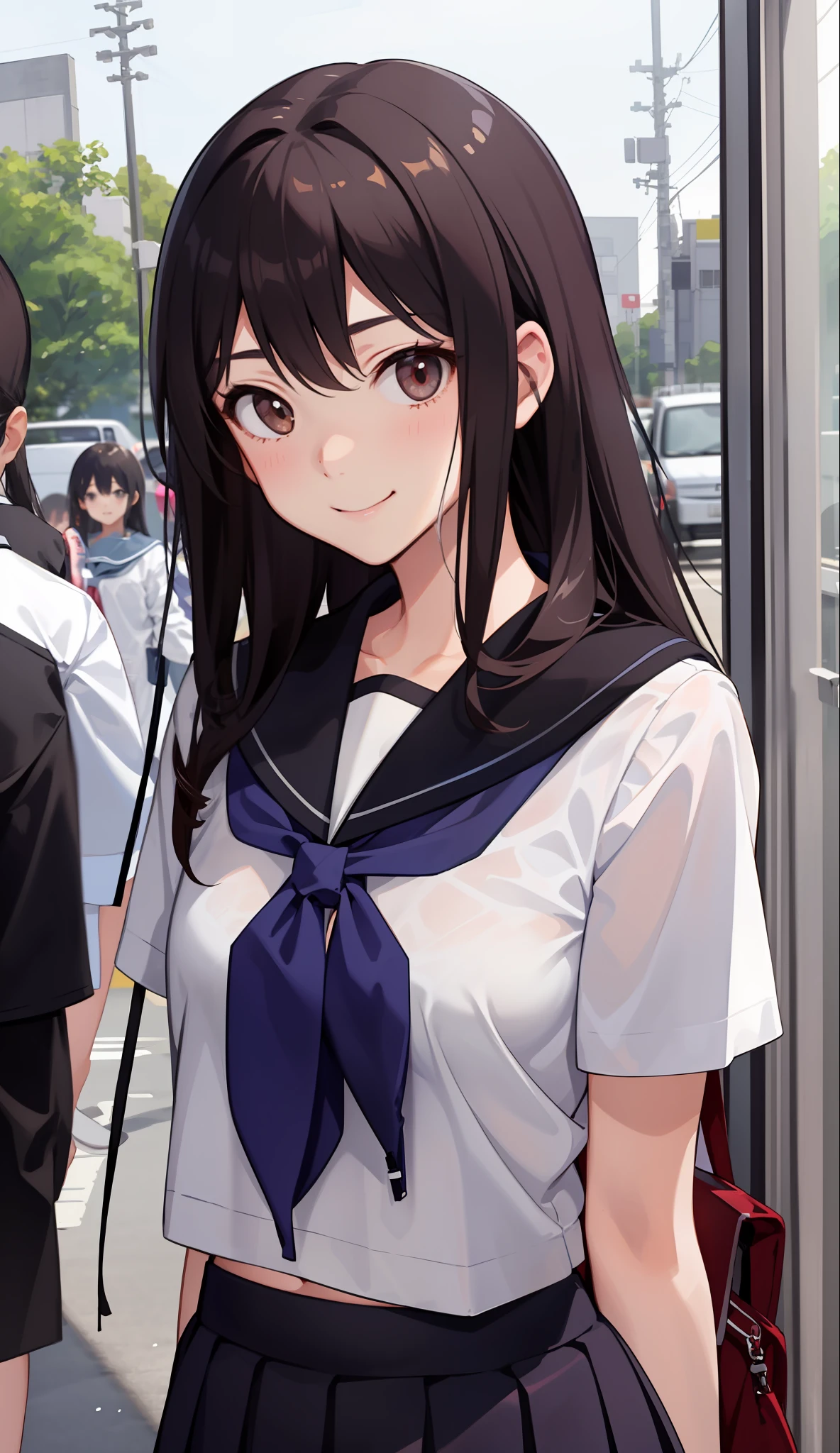 1girl in、A smile、The shirt、skirt by the、(small tits)Chilarism、Japan High School Student Uniform、serafuku、summer clothing、Squall Drenched Uniform、Show bra、(Upper body portrait)、