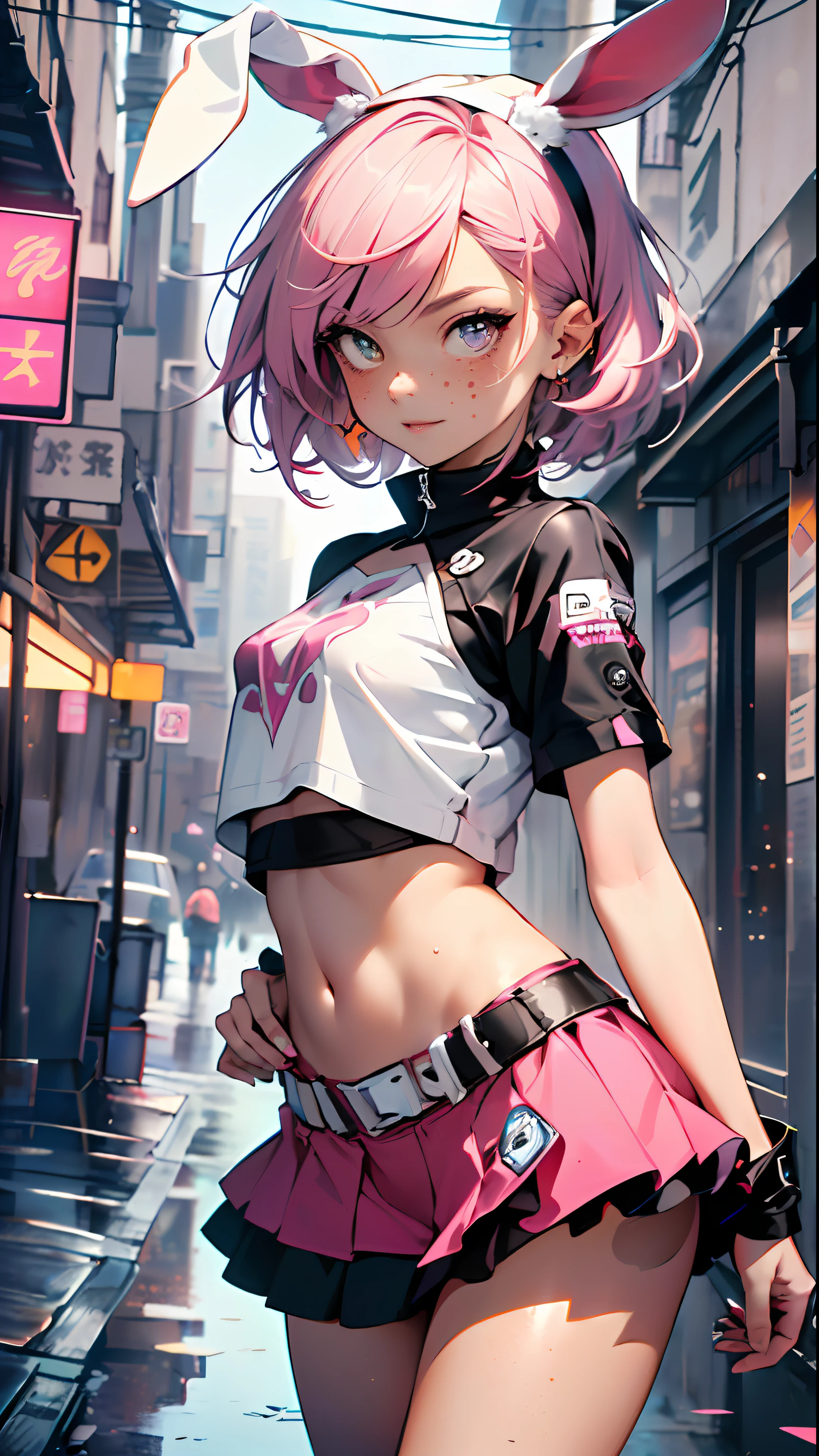 cute little bunny ,(((little loliall tiny body, petite))), (((6 years ime little bunny loli with extremelye and beautiful fuchsia hair walking down the street)),(((bunny girl,anthro furry cute,bunny-girl))),(((bunny ears,bunny ears on head,big bunny ears))),
(((flat chest))), (((fuchsia hair:1.35,short fuchsia hair,colored inner hair,ear breathing,))),((heterochromia, eye1 fuchsia, eye2 pink, perfect eyes, upturned eyes:1.3, beautiful detailed eyes, finely detailed beautiful eyes:1, big highlight on eyes:1.2, slanted eyes)), (((freckles on the face, freckles,freckled girl))),(((lustrous skin:1.5,bright skin: 1.5,skin tanned,shiny skin,very shiny skin,shiny body,plastic glitter skin,exaggerated shiny skin))),(delicate detailed fingers,detailed body,detailed arms,human hands, detailed hands),
cute,slutty,,erotic,nsfw,
zettai ryouiki,revealing clothing,show skin,((rave shirt, neon colored shirt, rave mini-skirt,visible thong straps)),(wearing a rave outfit:1.3,rave clothes,semi-naked,with little clothing,),(detailed outfit,detailed clothes),
(dynamic pose:1.0), solo focus, embarrassed, centered, scale to fit dimensions, Rule of thirds,
outdoors, ((night view)), (cyberpunk night street Background: 1.5,dark sky,alleyway,lonely alley,thick clouds, detailed background:1.25),
(best quality), (high resolution), (sharp focus), (ultra detailed), (extremely detailed), (extremely high quality artwork), 8k_wallpaper, (extremely detailed CG 8k),(very fine 8K CG), ((hyper super ultra detailed perfect piece)), flawless, (((masterpiece))), illustration, vibrant colors, (intricate), High contrast, Selective lighting, Double exposure, HDR (High Dynamic Range), Post-processing, Background blur,