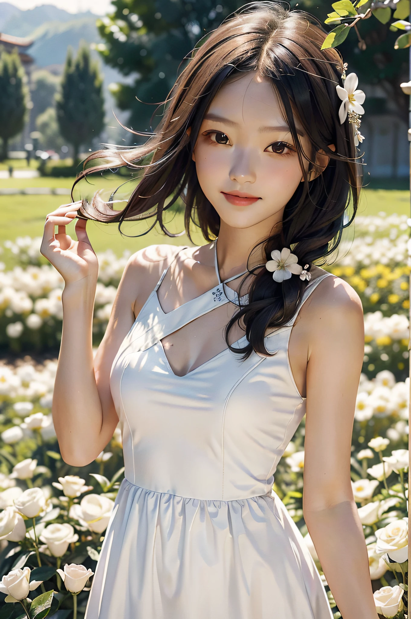 best qualtiy，tmasterpiece，超高分辨率，（真实感：1.4），RAW photogr，1girl，white dresses，cropped shoulders，blooming flower field，Glowing skin，Light smile，mediuml breasts