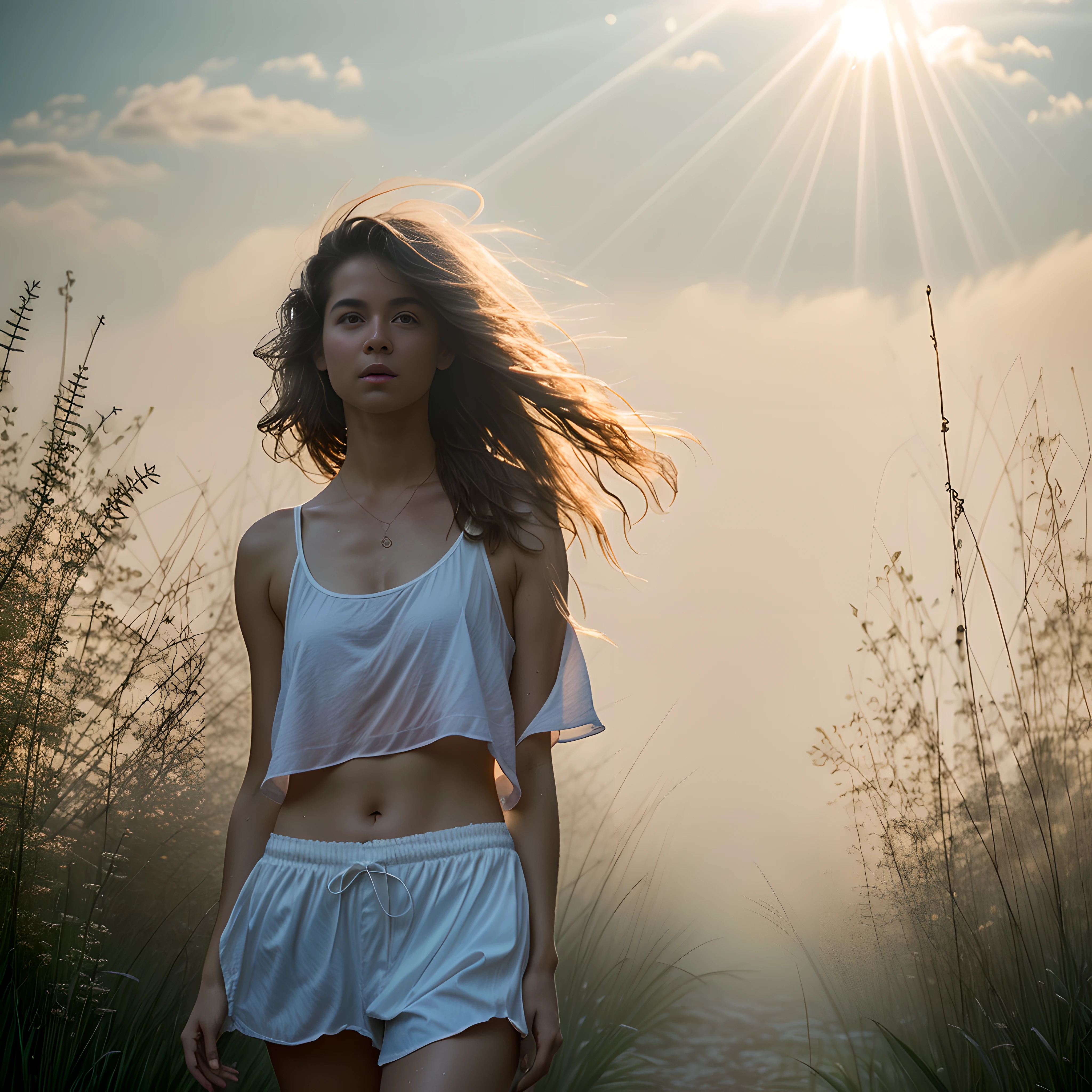 Gorgeous freckly blonde curvy woman, style of david hamilton, summer, humid, backlighting, golden hour, breathtaking, in dusty attic, soaked jeans, hazy foggy etheral morning, detailed face, detailed symmetric circular iris, realistic, stunning realistic photograph, octane render, intricately detailed, cinematic, disheveled skimpy fabric, sultry, bare, exposed, boxershorts, detailed face, foggy, sweaty, godrays, haze, atmospheric, photojournalism, busy background, volumetric lighting, neo-expressionism, art photography, gorgeous mood, hazy morning, surrounded by flowers and petals, sunrays on skin, sweaty, long hair, ultrarealistic