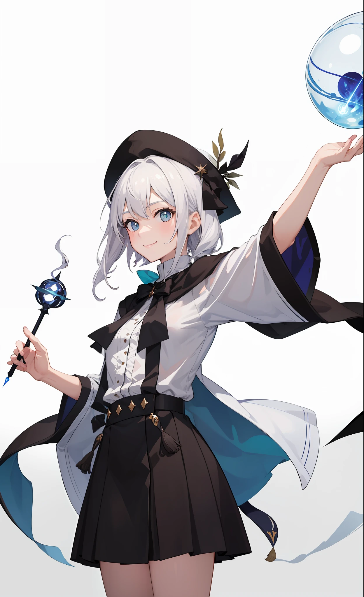 1girl in、A smile、The shirt、Blouse、skirt by the、（small tits）Chilarism、movement、Hats、cloaks、magic wands、Sorcerer、white  hair、