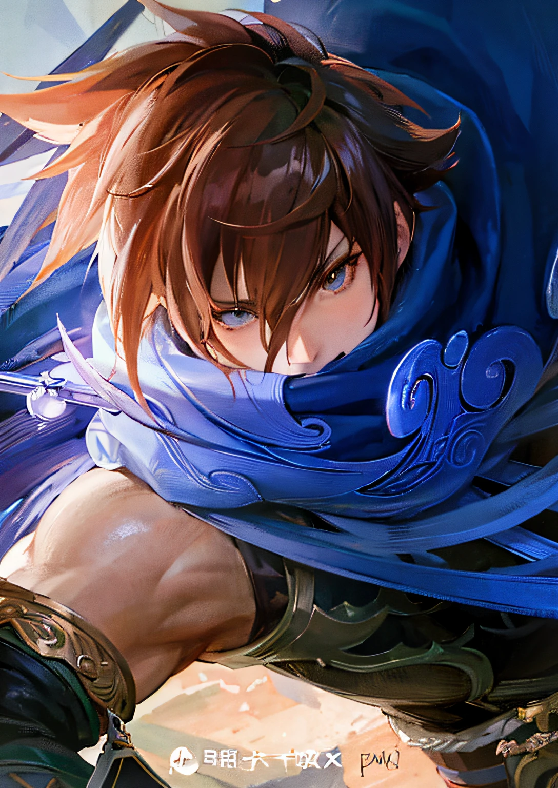 Anime characters armed with knives and brown hair,musculature，shoun，Fierce，male people，Fierce，Powerful 3D CGI fantasy artwork, granblue fantasy, masamune, 4 K, detailed digital