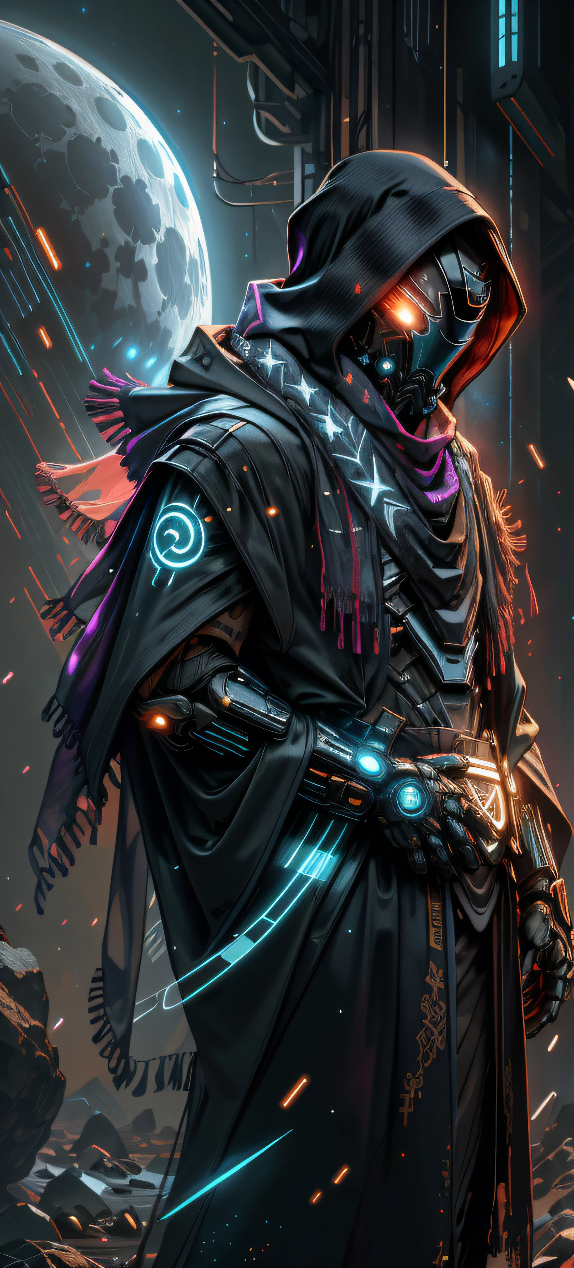 realistic,shiny,reflective,bioluminic, galactic cybernetic mask,mecha,(assassin:1.2),((((scarf,long cloak)))),sh4g0d,GlowingRunes_red,fullbody,cinemnatic,dark background,starry,big moon,backlight,high contrast,