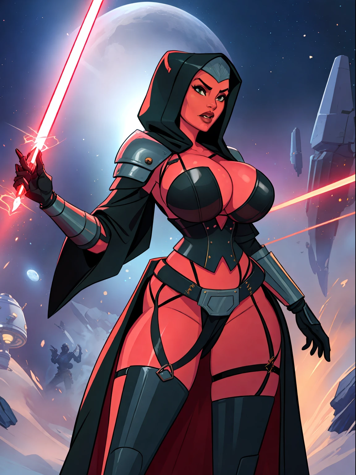 armor, busty, gigantic boobs, ((red skin), twi'lek), dual red lightsabers, evil space knight, space ninja, (wearing black robes, black stealth armor, breastplate, tunic, tabard, cowl, cloak, body glove, straps, buckles, skirts, long sleeves, fantasy, ((armor))), ((busty), slender body, thin, slim sexy body, slim waist, long legs, toned legs, ((gigantic breasts))), Imperial starship, Star Wars,