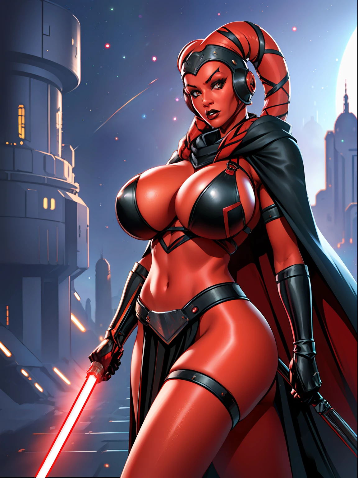 armor, busty, gigantic boobs, ((red skin), twi'lek), dual red lightsabers, evil space knight, space ninja, (wearing black robes, tunic, tabard, cowl, cloak, cape, body glove, straps, buckles, skirts, long sleeves, fantasy), ((busty), slender body, thin, slim sexy body, slim waist, long legs, toned legs, (((gigantic breasts)))), Imperial starship, Star Wars,