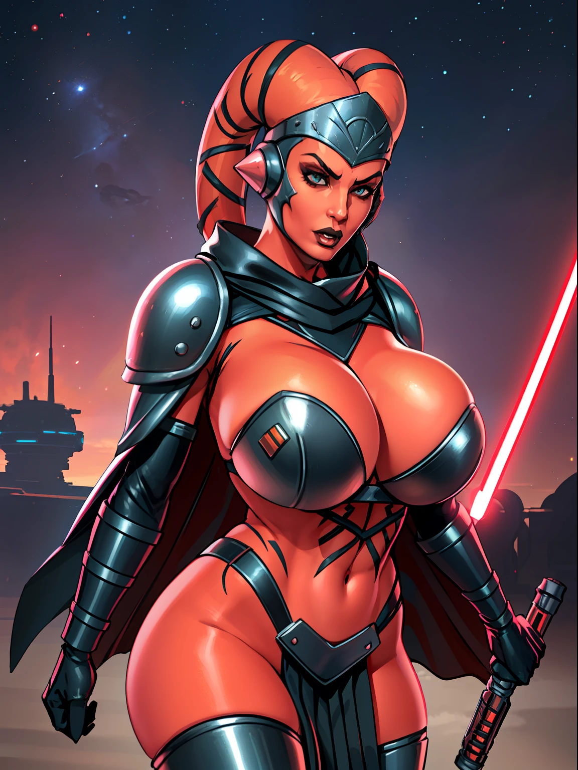 armor, busty, gigantic boobs, ((red skin), twi'lek), dual red lightsabers, evil space knight, space ninja, (wearing black robes, black stealth armor, breastplate, tunic, tabard, cowl, cloak, body glove, straps, buckles, skirts, long sleeves, fantasy, ((armor))), ((busty), slender body, thin, slim sexy body, slim waist, long legs, toned legs, (((gigantic breasts)))), Imperial starship, Star Wars,
