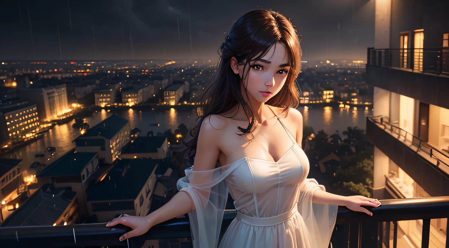 ((Best quality, 8k, Masterpiece: 1.3)), Selfie, Sharp focus: 1.2, Cute beautiful woman with perfect body: 1.4, Slim big breasts: 1.2, ((Brown hair dark, Big breasts: 1.2)) , (small transparent dress, half naked, highly detailed breasts, Happy expression, Standing: 1.2), ((Night view of the city with rain, Balcony simple: 1.3 making with the female being the main focus)), Highly detailed face and skin texture, Detailed eyes, Double eyelid --auto