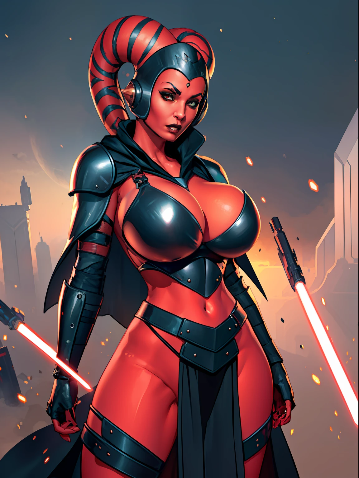 armor, busty, gigantic boobs, ((red skin), twi'lek), dual red lightsabers, evil space knight, space ninja, (wearing black robes, black stealth armor, breastplate, tunic, tabard, cowl, cloak, body glove, straps, buckles, skirts, long sleeves, fantasy, ((armor))), ((busty), slender body, thin, slim sexy body, slim waist, (((gigantic breasts)))), Imperial starship, Star Wars,