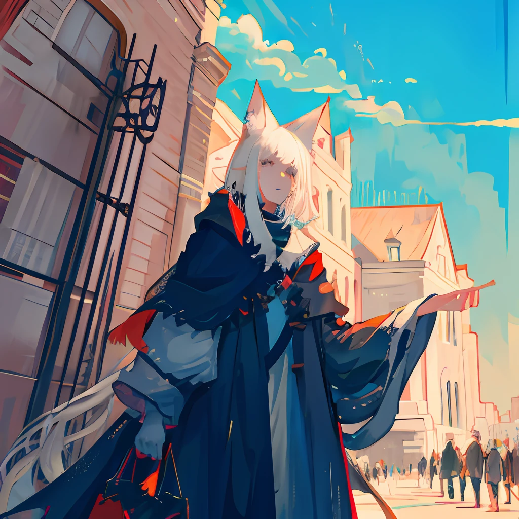 werecreature，White hair，adolable，Black ears，Black tail，blue surcoat