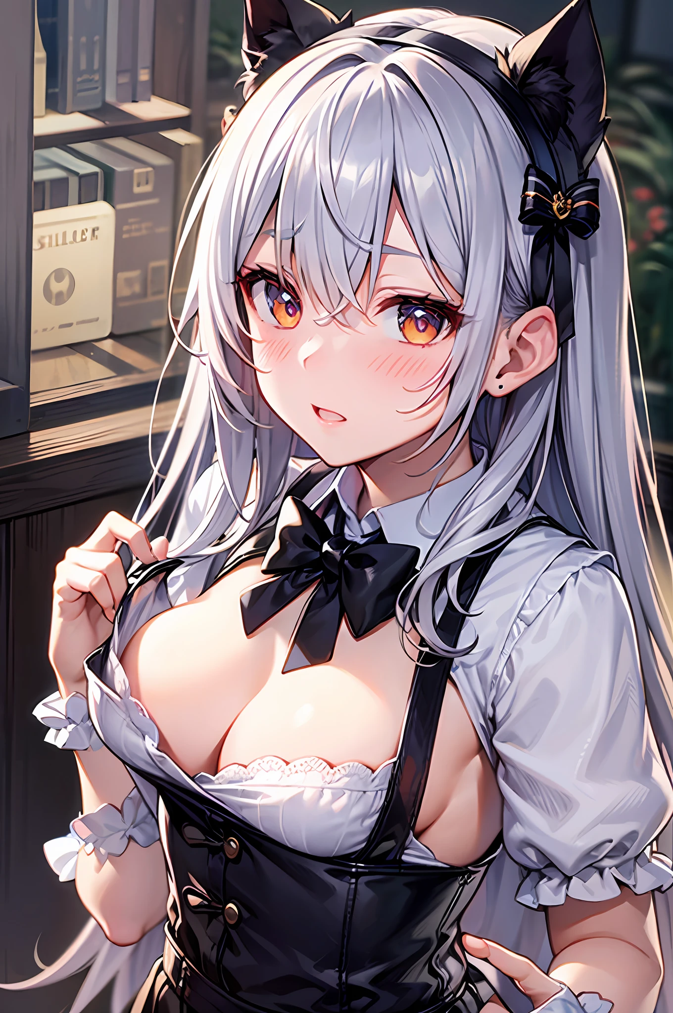 {Best Quality}, {ultra-detailliert}, {very detailed illustration}, silber hair, Aimei, embarrassed from，breastsout，Suspender Skirt，red blush，Black tie，Be undress，suspenders、skirt by the、Casual clothing，Maids