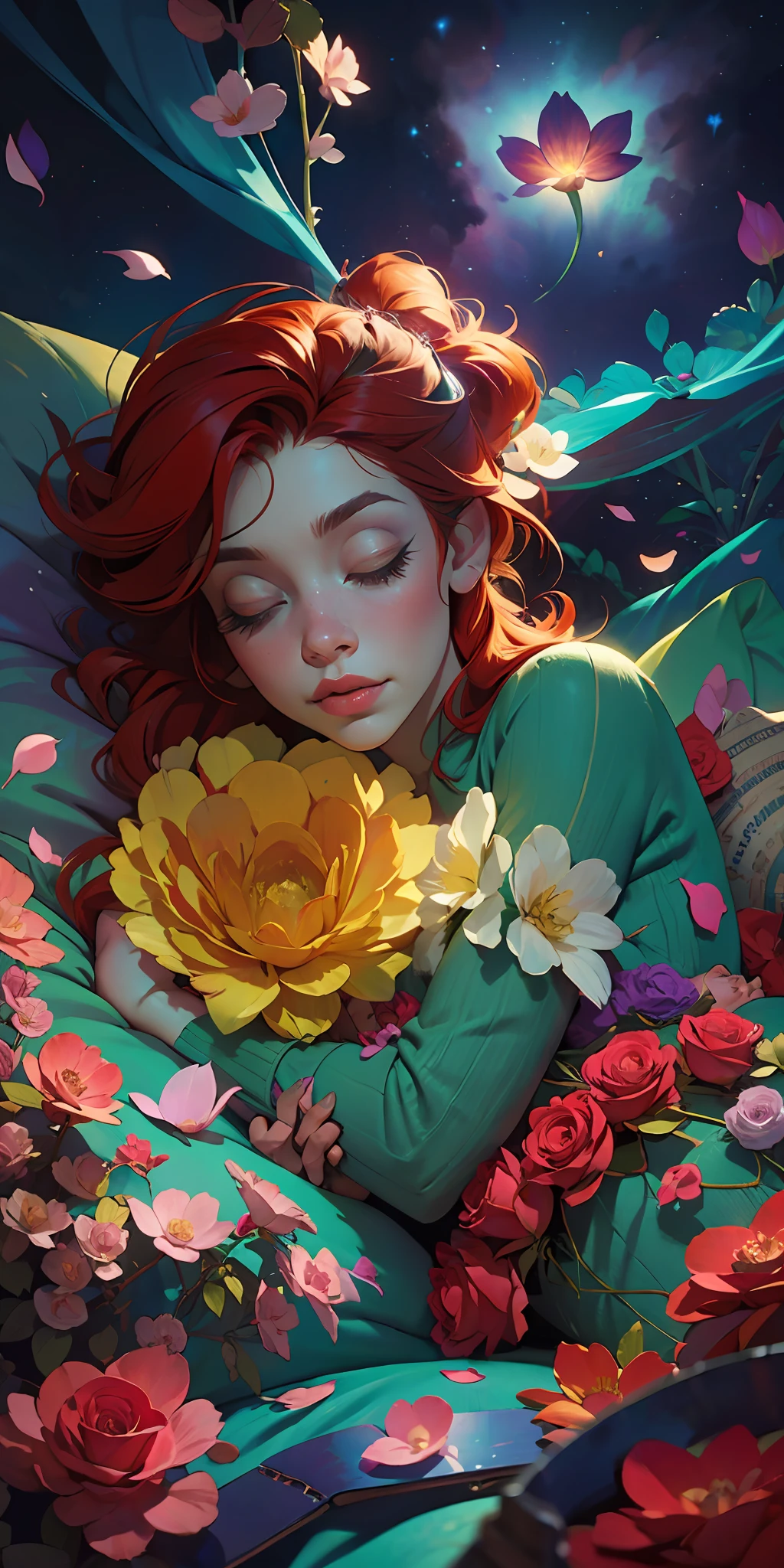 The Sleeping Woman, Realistic, She is dressed in pajamas, red hair color, parallax, Ultra Hyper Mega Contrast, sleeps on a chic bed, covered with rose petals, tmasterpiece, Winner of the photo contest, Beautiful lighting, Bioluminescent pollen in the air, Aestheticism, perfectionism, Art Nova,