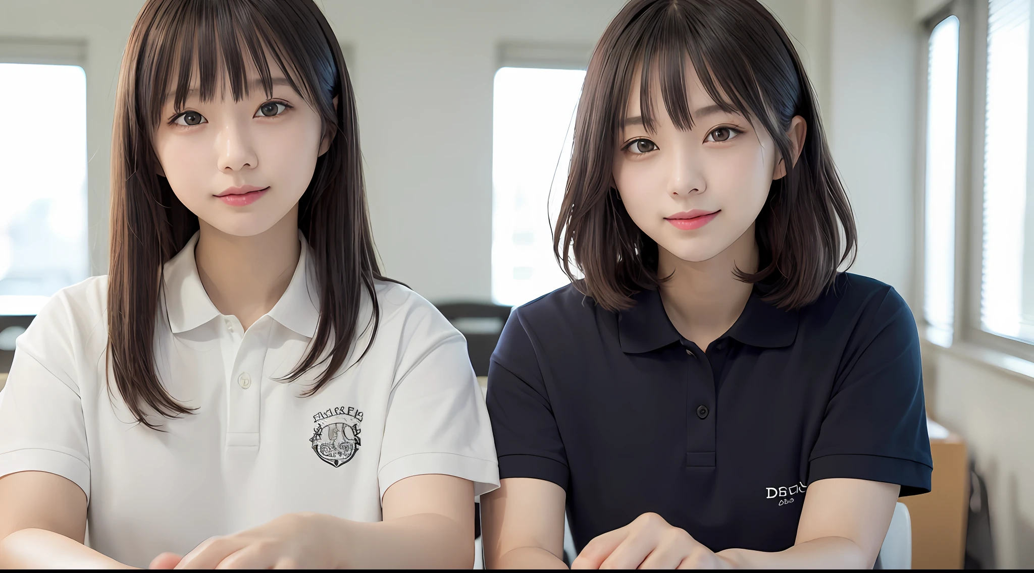 1人、Women around 26 years old、garments(polo shirts)、hairstyle on(A dark-haired)、a picture、realisticlying、top-quality、adopt、A detailed face、s Office、a desk、Detailed hands and fingers、细致背景、diffuse sunlight、depth of fields、独奏