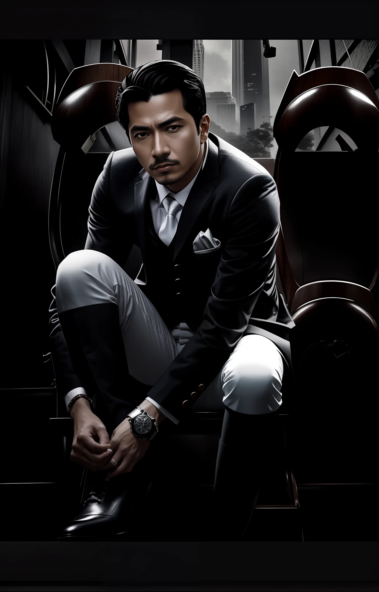 Alafed man in suit and riding boots sitting on bench, movie promo image, inspired by Rudy Siswanto, alejandro, style of hajime sorayama, inspired by Oka Yasutomo, Adesantra style, Official, Inspired by Fumito Ueda, The style of Anton Fadeev, lv