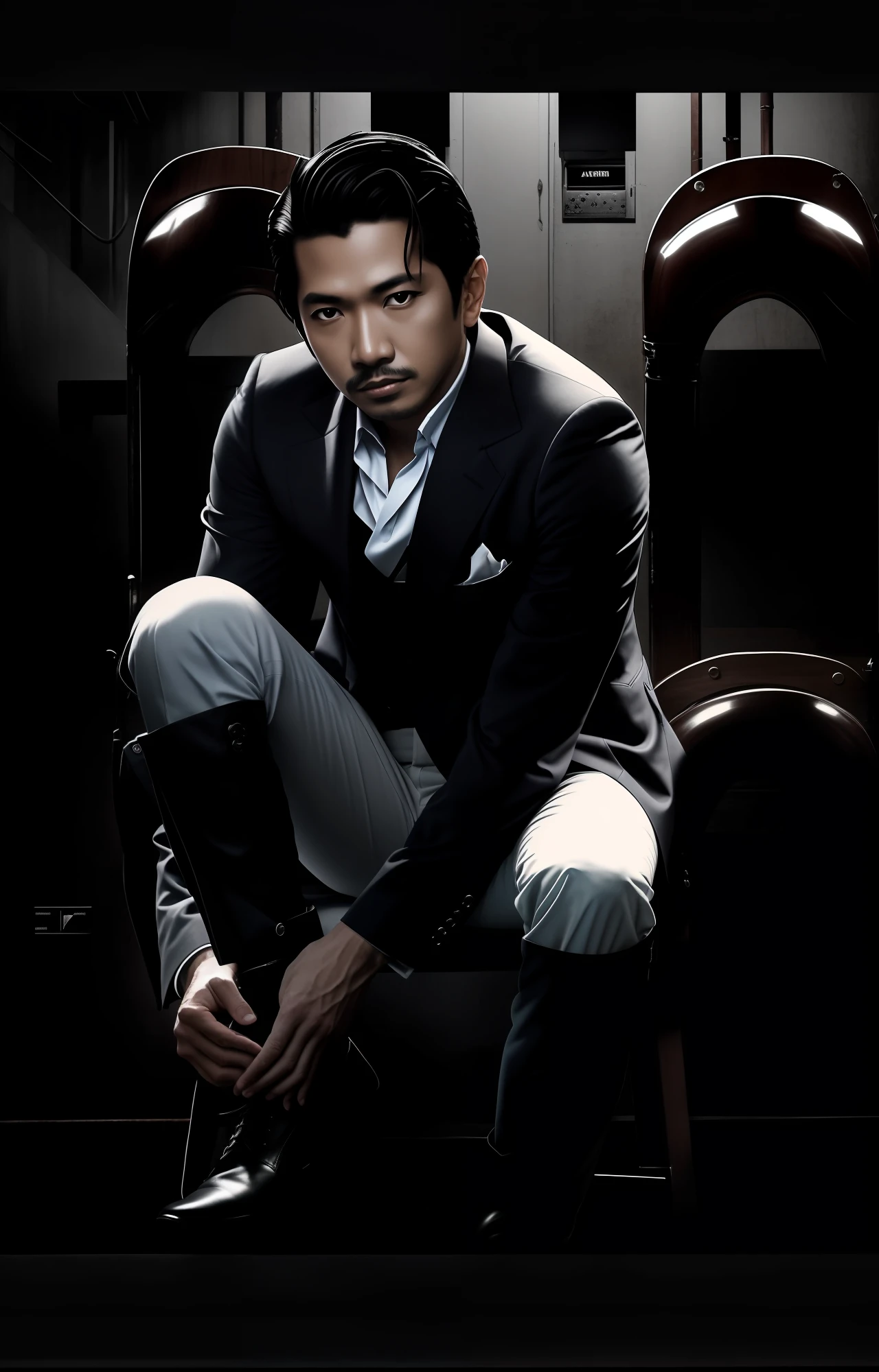 Alafed man in suit and riding boots sitting on bench, movie promo image, inspired by Rudy Siswanto, alejandro, style of hajime sorayama, inspired by Oka Yasutomo, Adesantra style, Official, Inspired by Fumito Ueda, The style of Anton Fadeev, lv