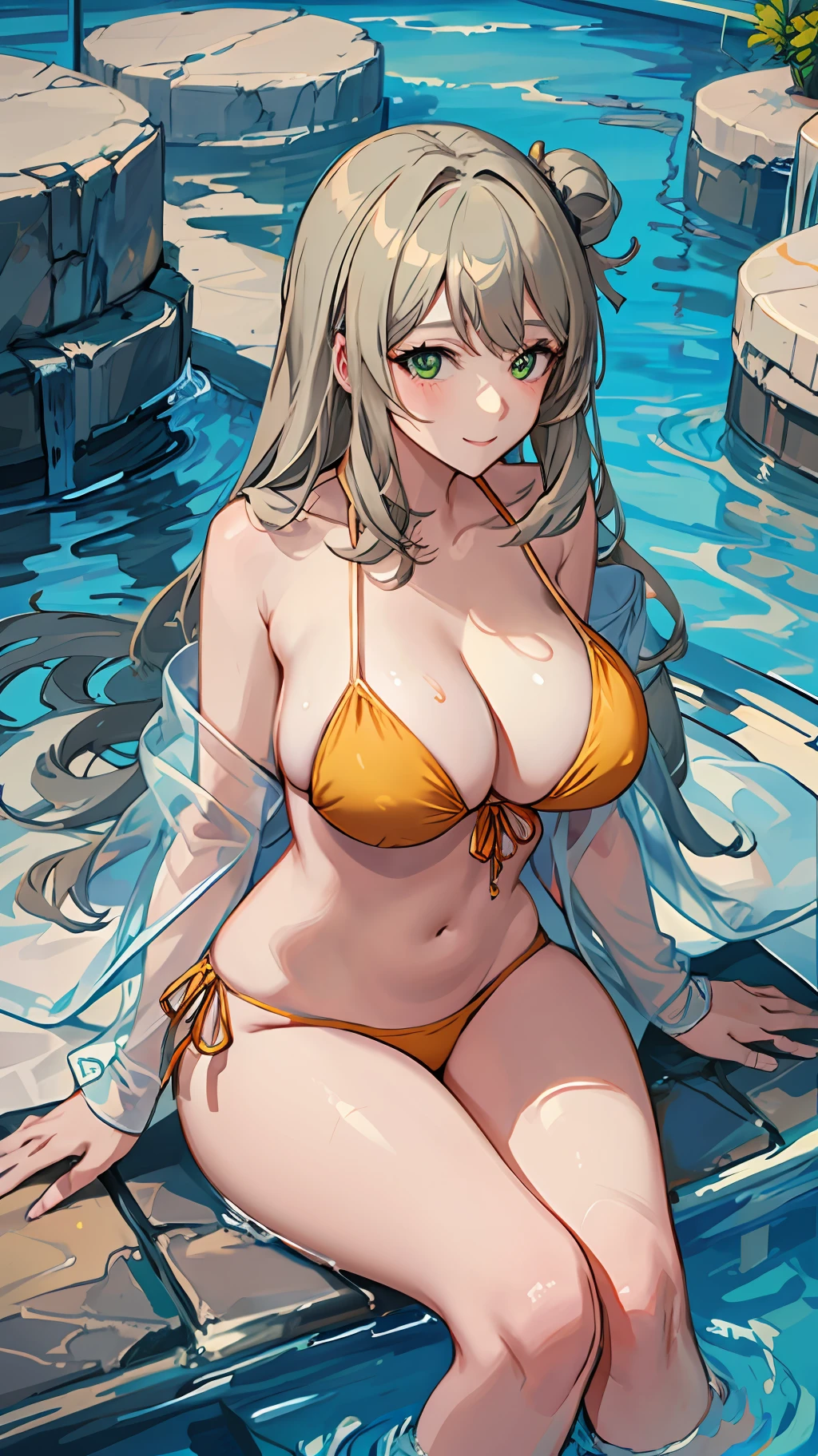 Woman in bikini sitting in pool with big breasts, Seductive Anime Girl, oppai, [ 4 k digital art ]!!, Beautiful anime girl, charming anime girls, kawacy, Ecchi, with large breasts, with a big chest, Big breasts!, beautiful alluring anime woman, beautiful alluring anime teen, guweiz