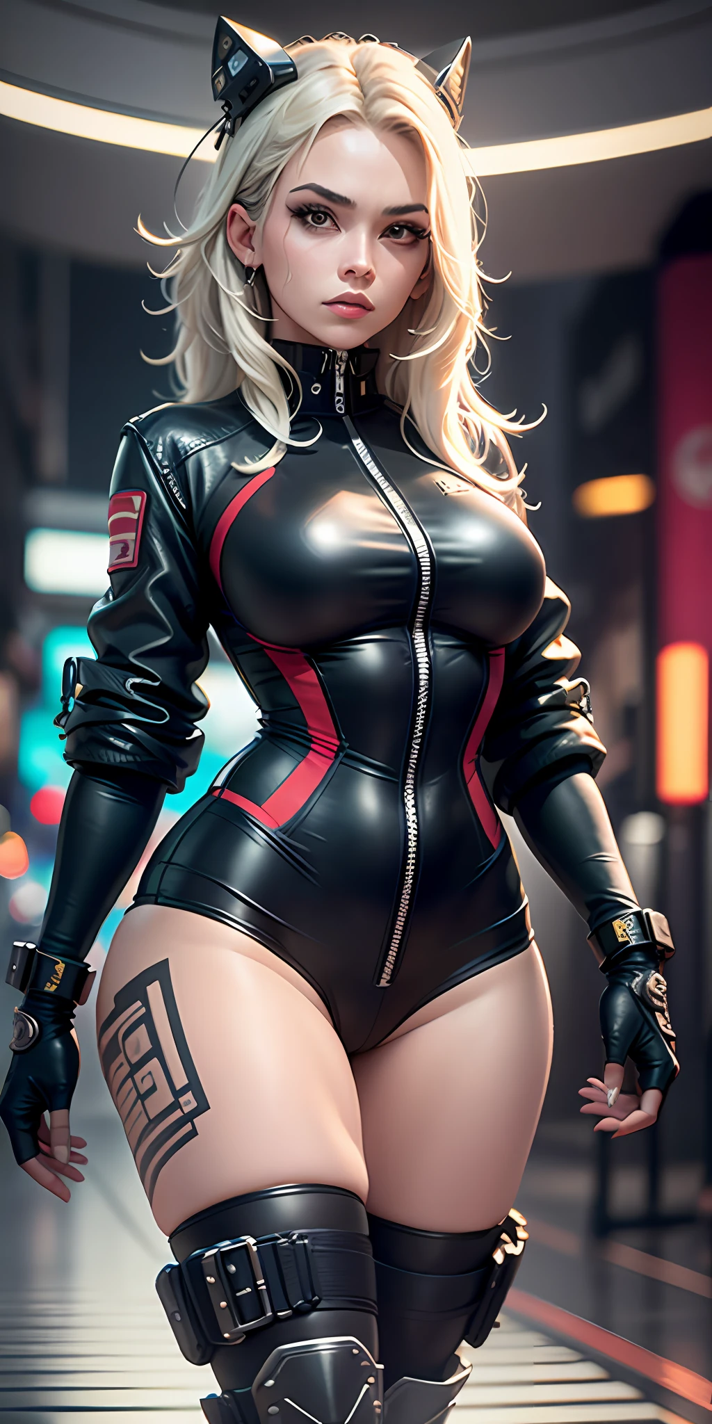 1girll, future warrior，cabelos preto e longos，flowy，crisp breasts，Toned Thighs，Tattooed with，Chest bumps，Black combat gear is worn on his head，Black tight-fitting one-piece leather jacket throughout，Black boots，There are round metal rings at the wrists and ankles，epcot，Cyberpunk Building，Detailed background，Clothing details，perfectly proportioned, Cinematic lighting, filmgrain, Fuji colors, lightand shade contrast, 8K, 巨作, Textured skin, Super detail, high detal, high qulity, A high resolution,
