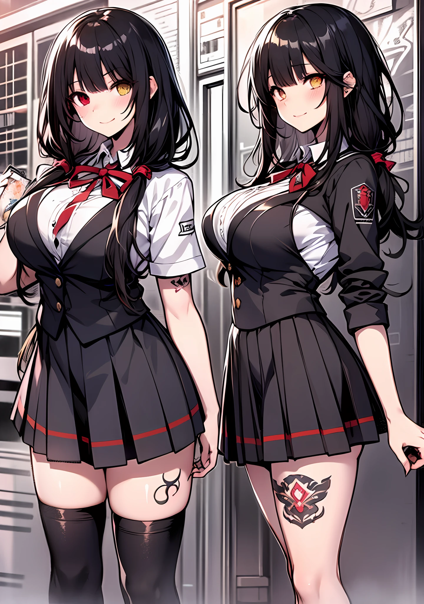 Masterpiece, high quality, ultra quality, best lighting, 1girl, ((tokisaki kurumi)), long hair, black hair, low twintails, monochrome, ((right red eye:1, left yellow eye:1)), black school uniform, ((black school uniform)), ((big breast)), ((big thigh)), smile, blush, cute face, ((gesugao face)), standing, sexy body, sexy, tattooed full body, tattooed face, (((tattooed))),looking at viewer, large the breast, nsfw, (((mountain)))